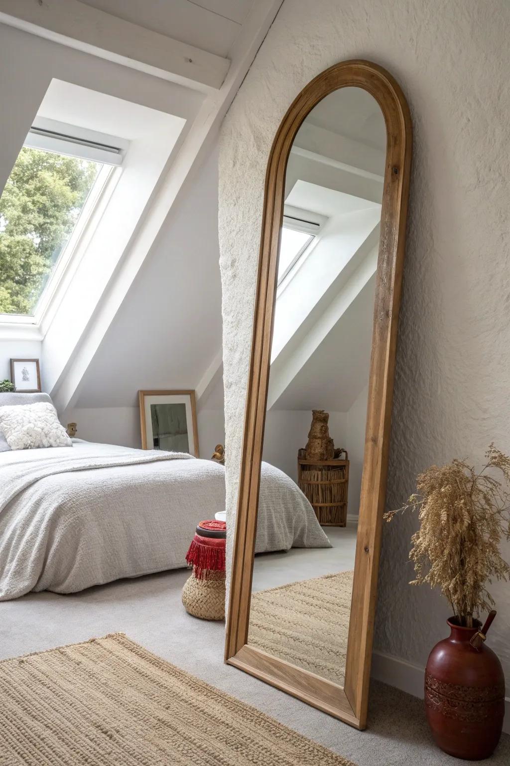 Place a large mirror opposite a skylight to bounce light and open up a low attic bedroom.