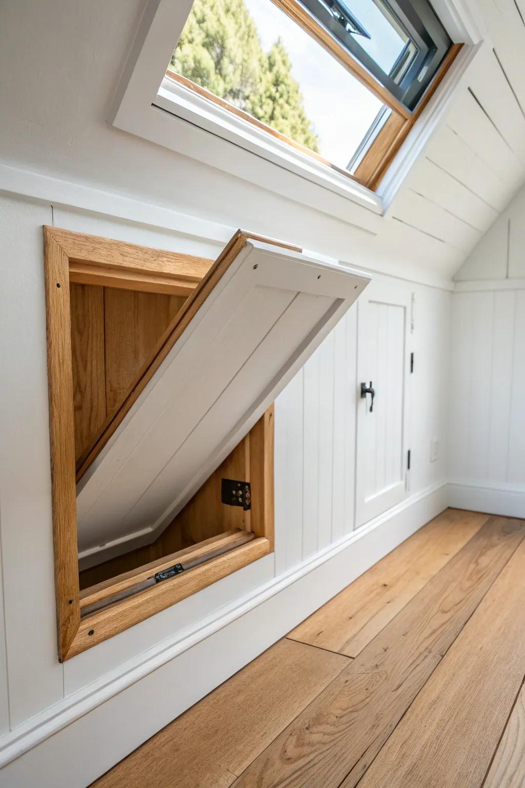 Hide off-season bins behind a sleek knee-wall hatch—secret eaves storage that keeps rooms calm.