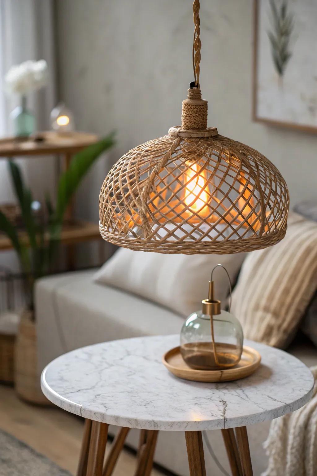 Hang one warm pendant low to make a tiny antique booth feel cozy, curated, and inviting.