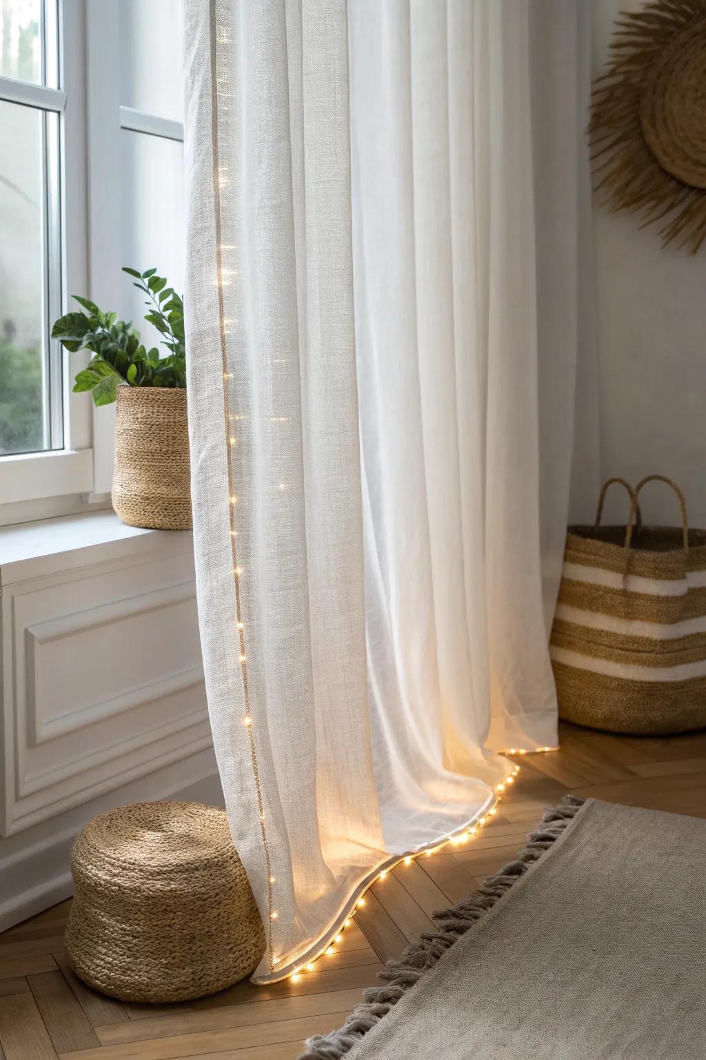 Backlight sheer curtains with a hidden uplight for a soft, dreamy glow in small apartments.
