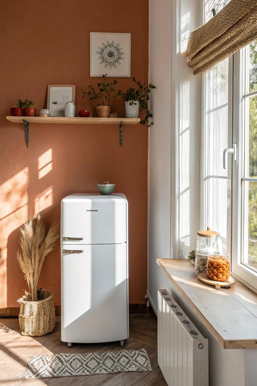 Use the space above your fridge for rarely used appliances—tidy, simple, and out of the way.