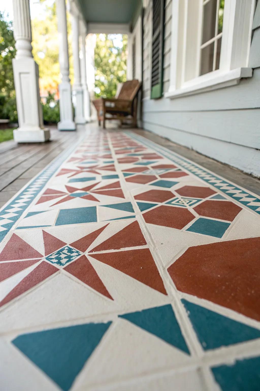 Painted stencil “tile” floor—an easy porch upgrade that looks custom and high-end.