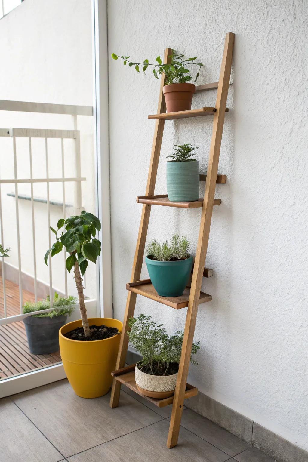 A skinny balcony shelf turns one wall into a lush plant stand—pretty, minimal, budget-friendly.