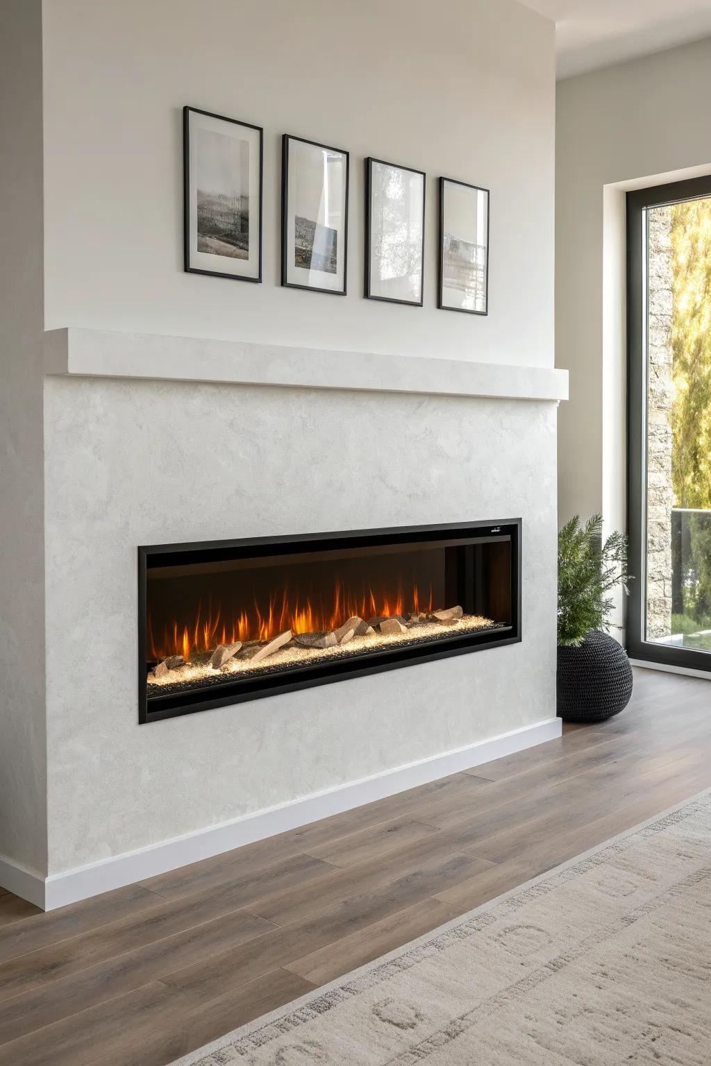 Slim wall-mounted fireplace look: instant cozy focal point—no floor space needed.