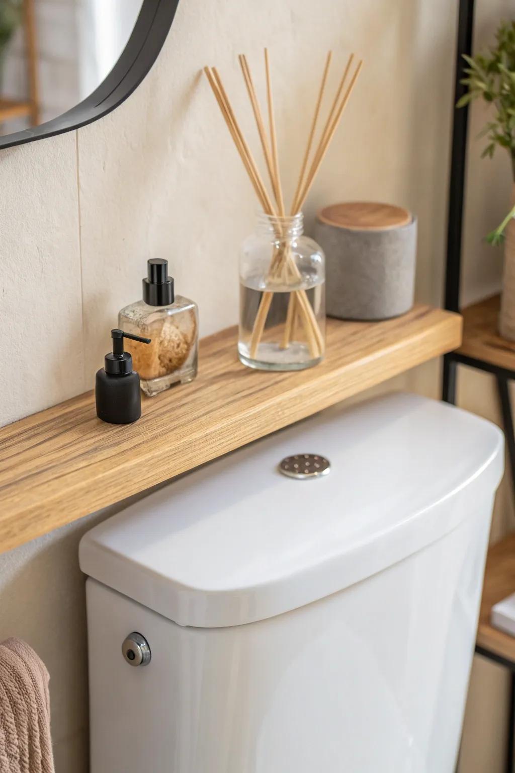 A tiny toilet-tank shelf keeps cotton swabs and a reed diffuser off the sink—beautifully.