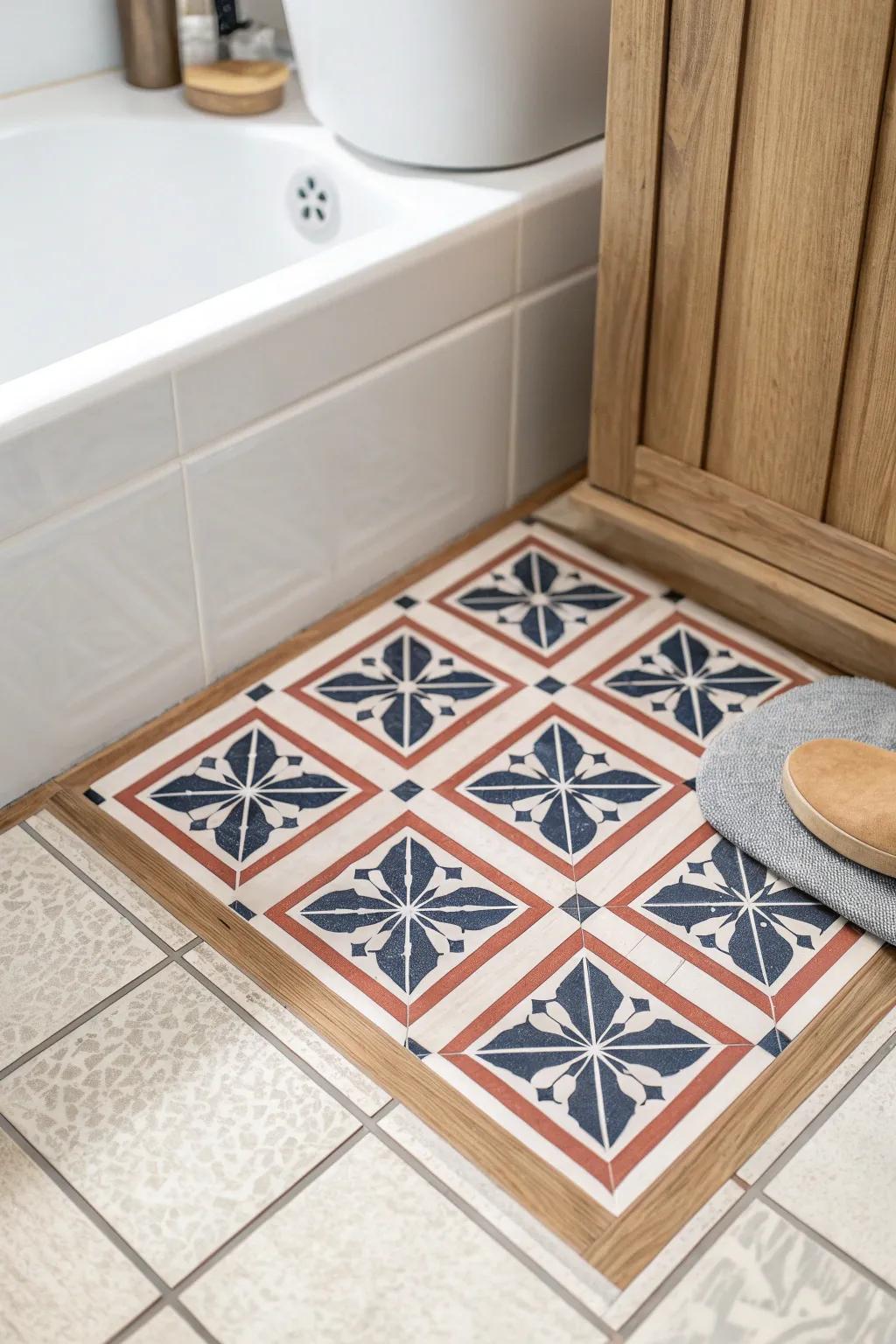 Bold patterned tile sticker = instant small-bath wow, without making the walls feel busy.