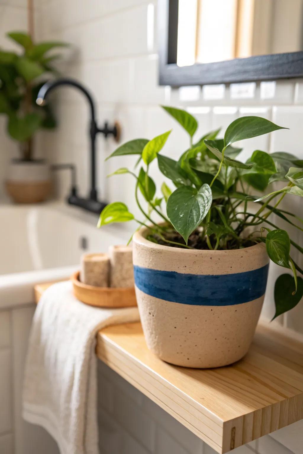 A no-sun bathroom glow-up: a single lush pothos in a handmade pot adds instant freshness.