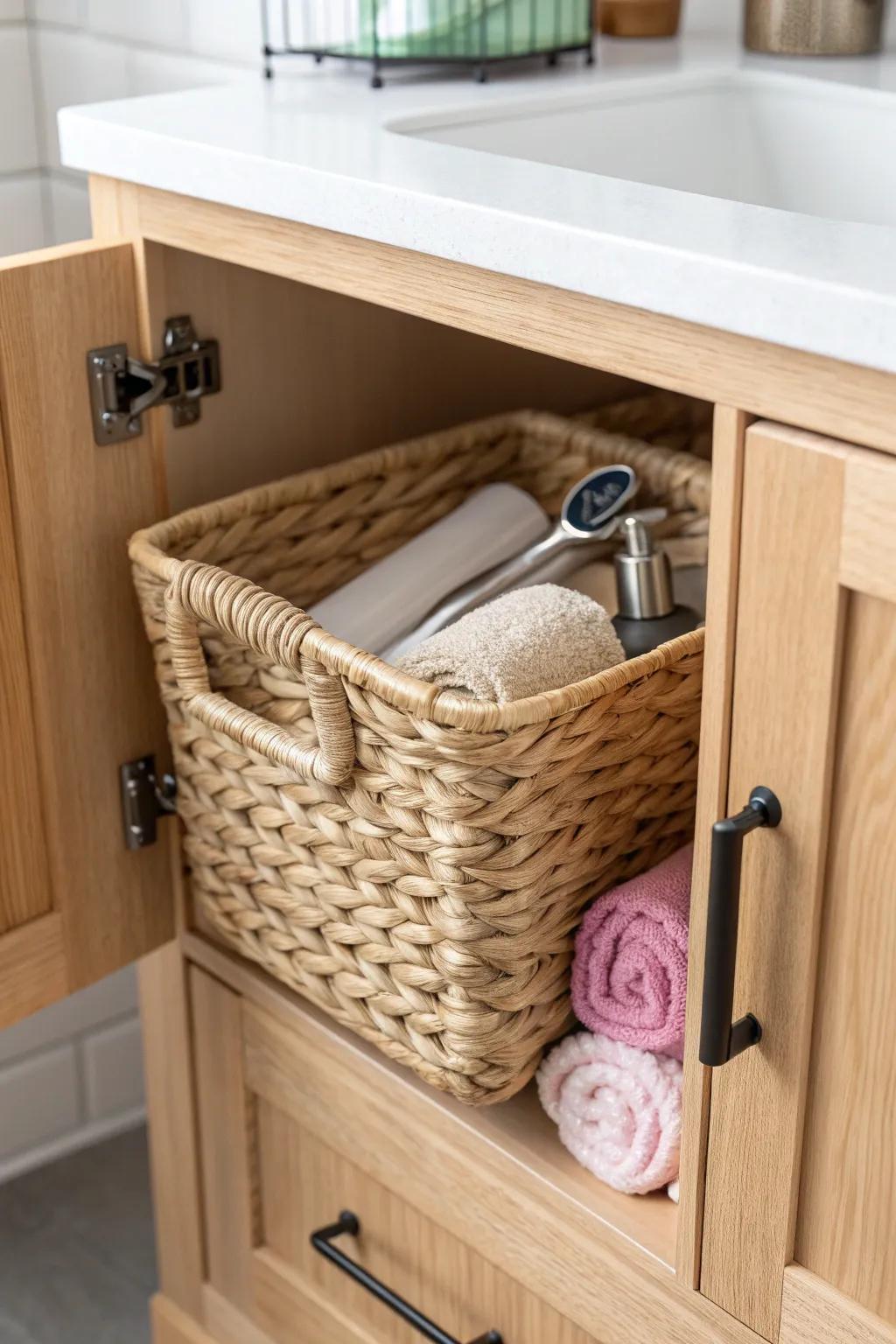 Turn cabinet doors into hidden storage with a woven basket + hooks for daily essentials.