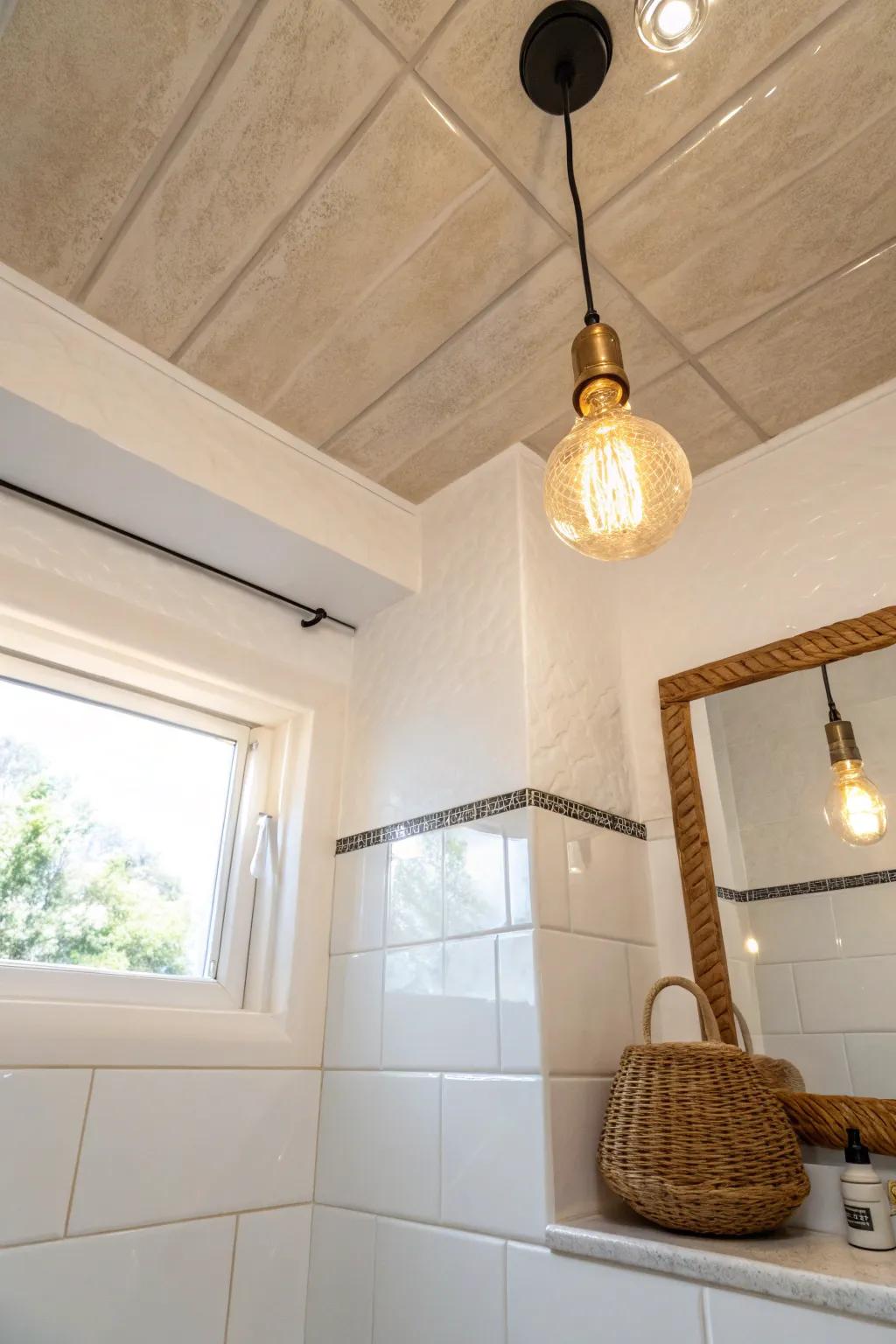 High-gloss ceilings bounce light like a mirror—perfect for making tiny, windowless baths glow.