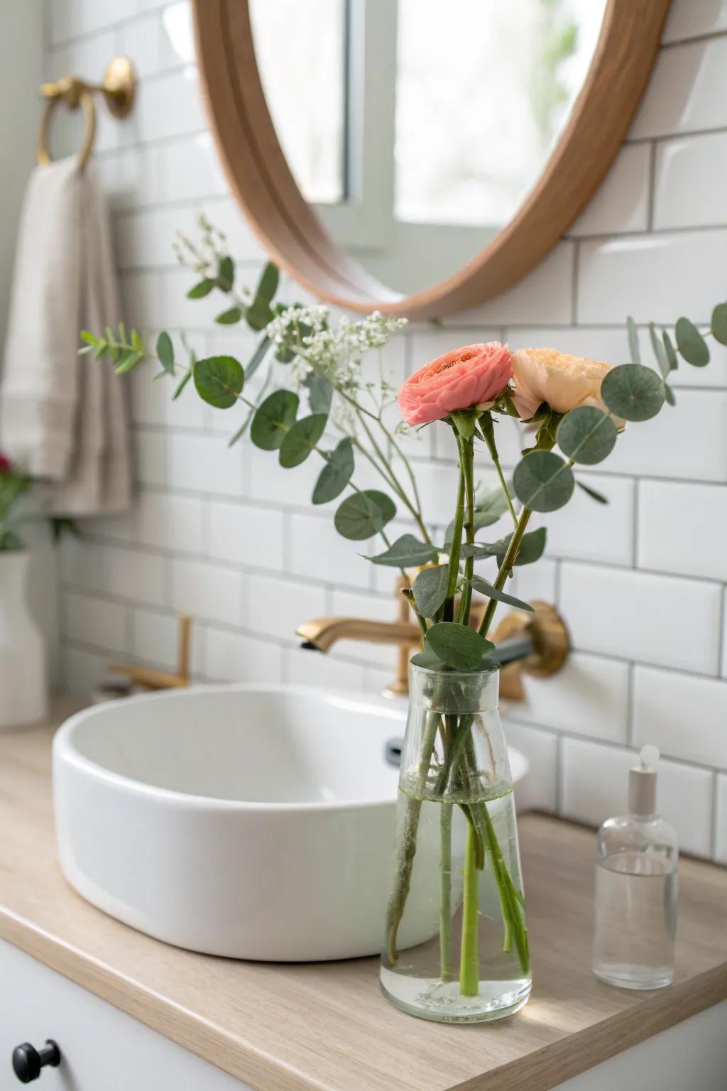 Clip a floating test‑tube bud vase to the mirror edge for instant wow—zero counter clutter.