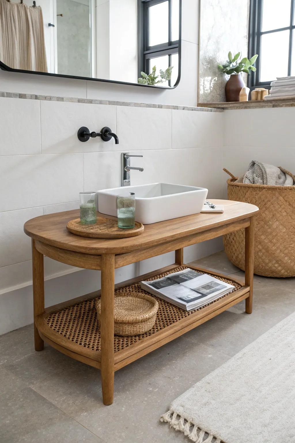 Create a luxe lounge vibe in a small bath with a compact “coffee table” for book + drink.