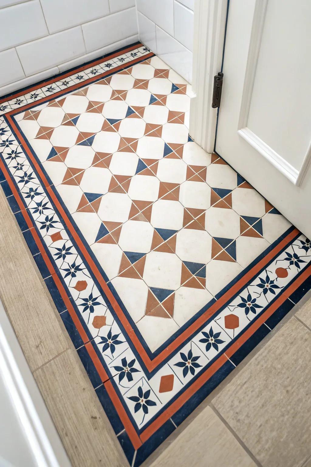 A framed “tile rug” border defines the floor zone—bold pattern, zero clutter, maximum style.
