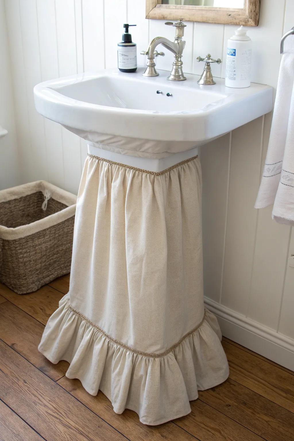 A tailored linen sink skirt hides plumbing and adds soft storage style to tiny bathrooms.