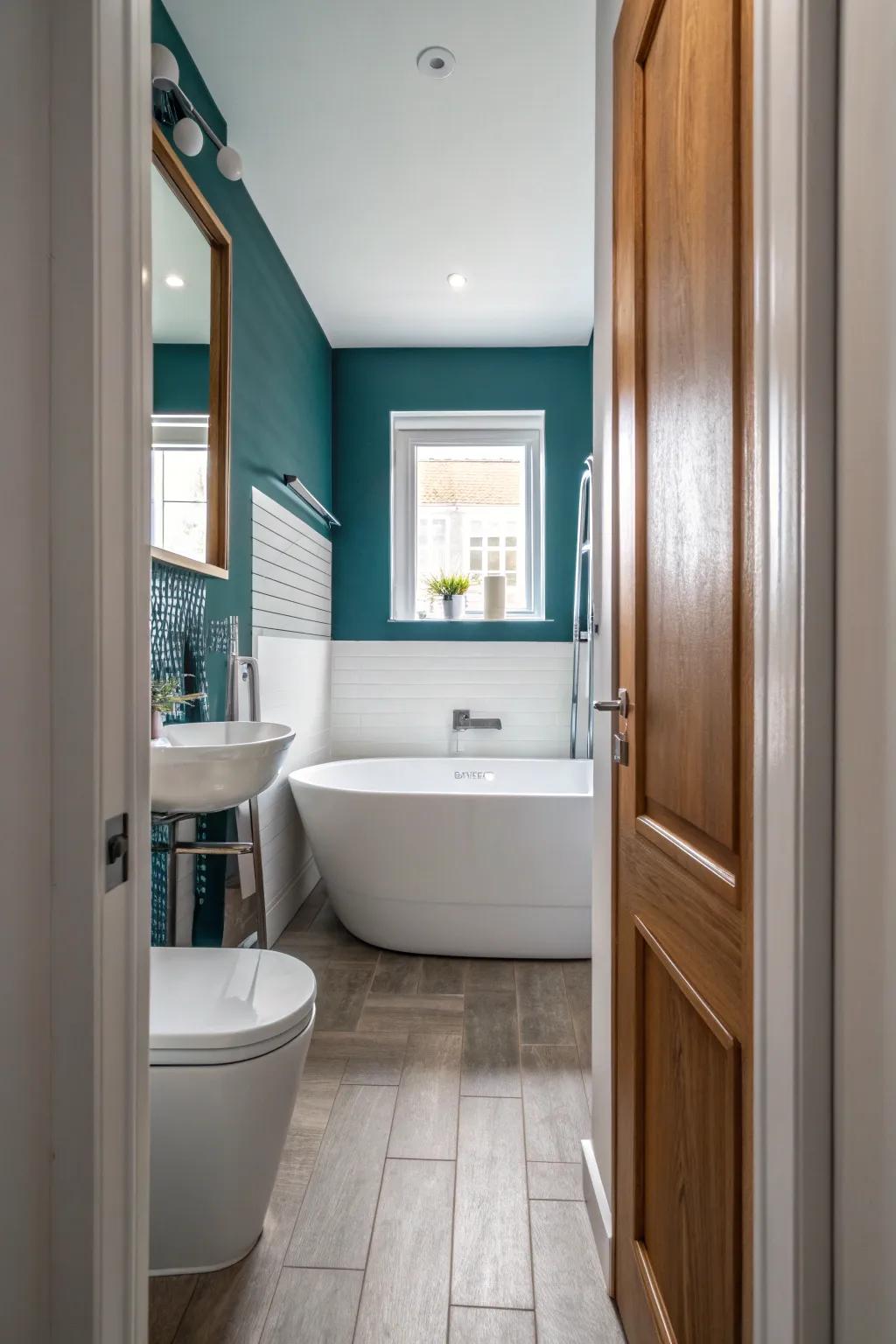 Slim end-of-line tub keeps a one-wall bathroom layout airy, elegant, and easy to navigate.