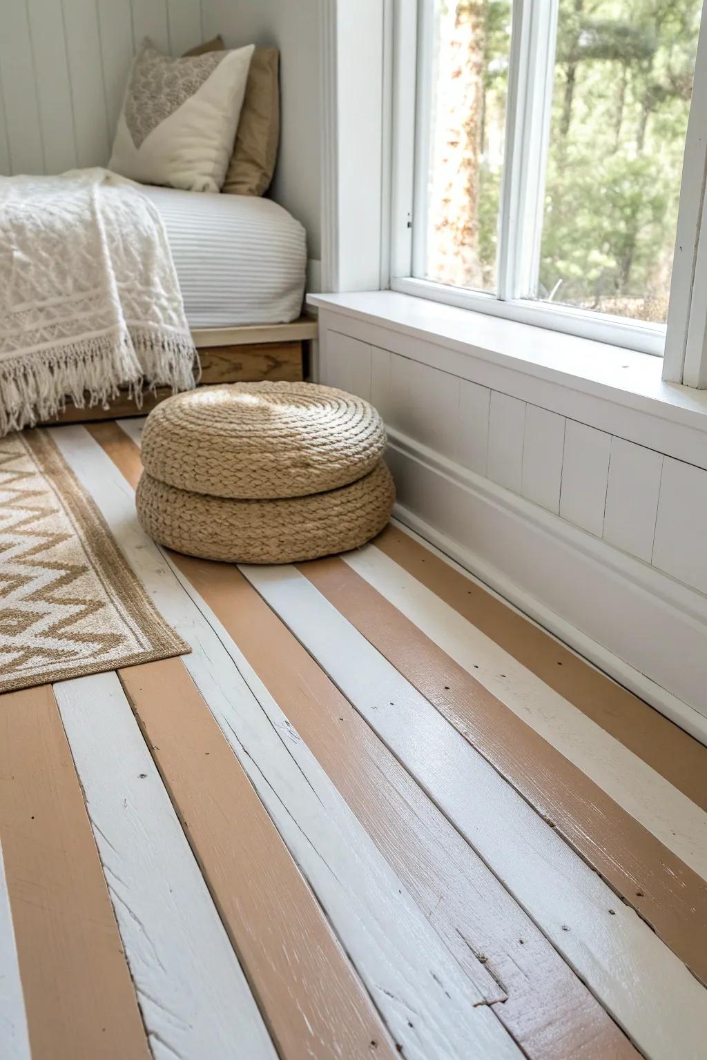 Soft painted stripes on the floor make a tiny bedroom feel wider—simple, calm, budget-friendly.