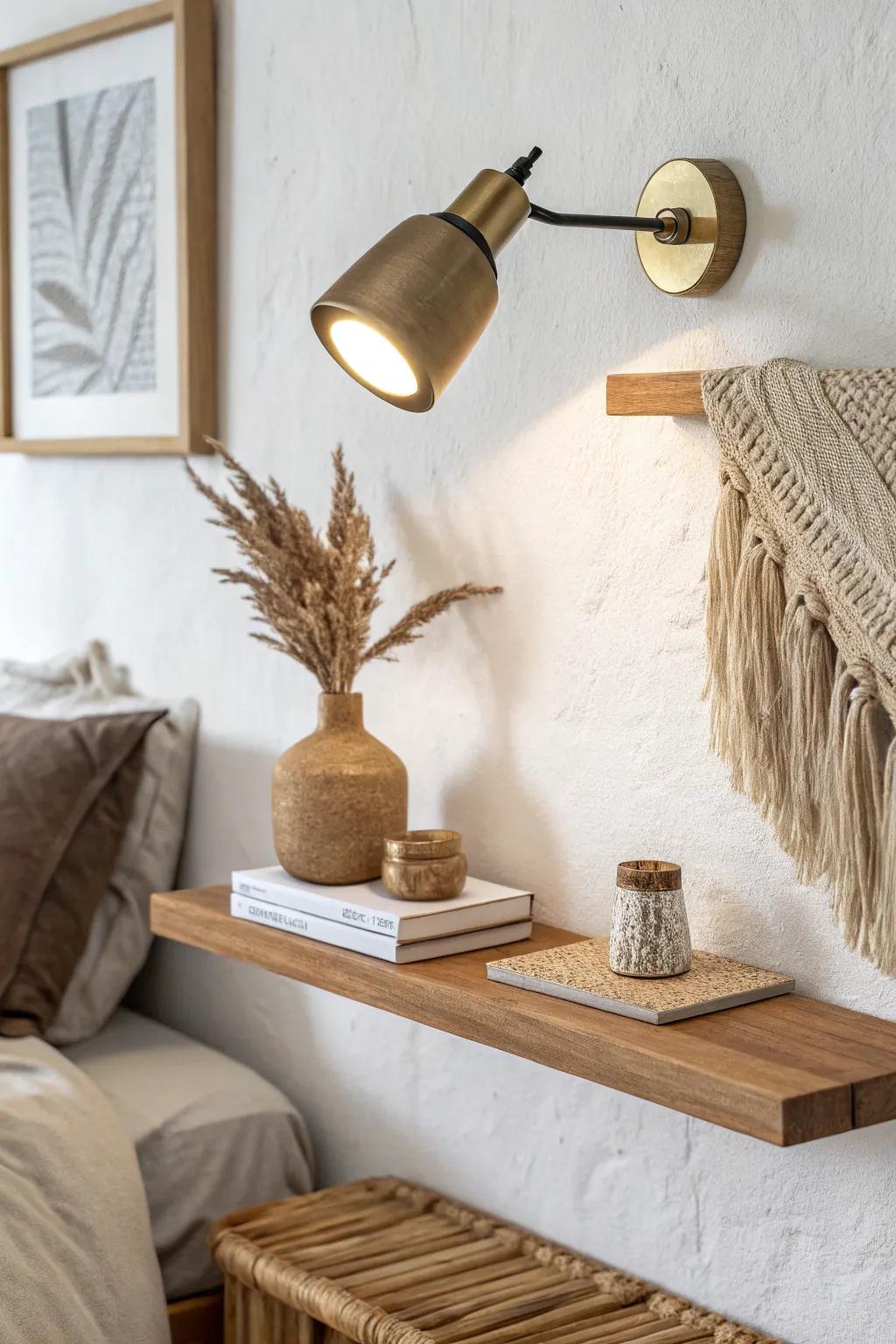 Mini spotlights make shelf decor feel curated—warm glow, depth, zero clutter.