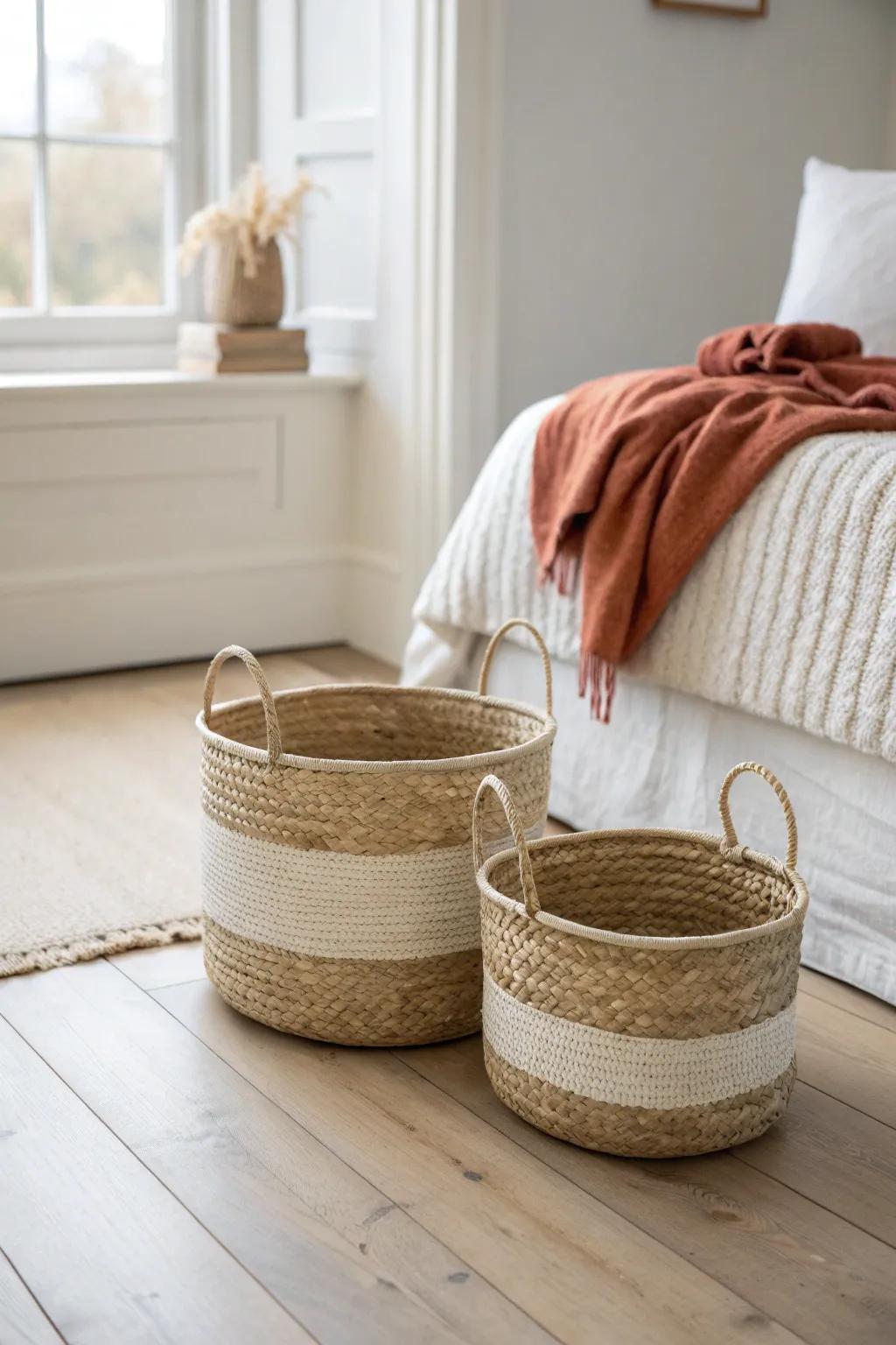 Matching woven baskets hide laundry and blankets—instant calm, coordinated small-bedroom style.