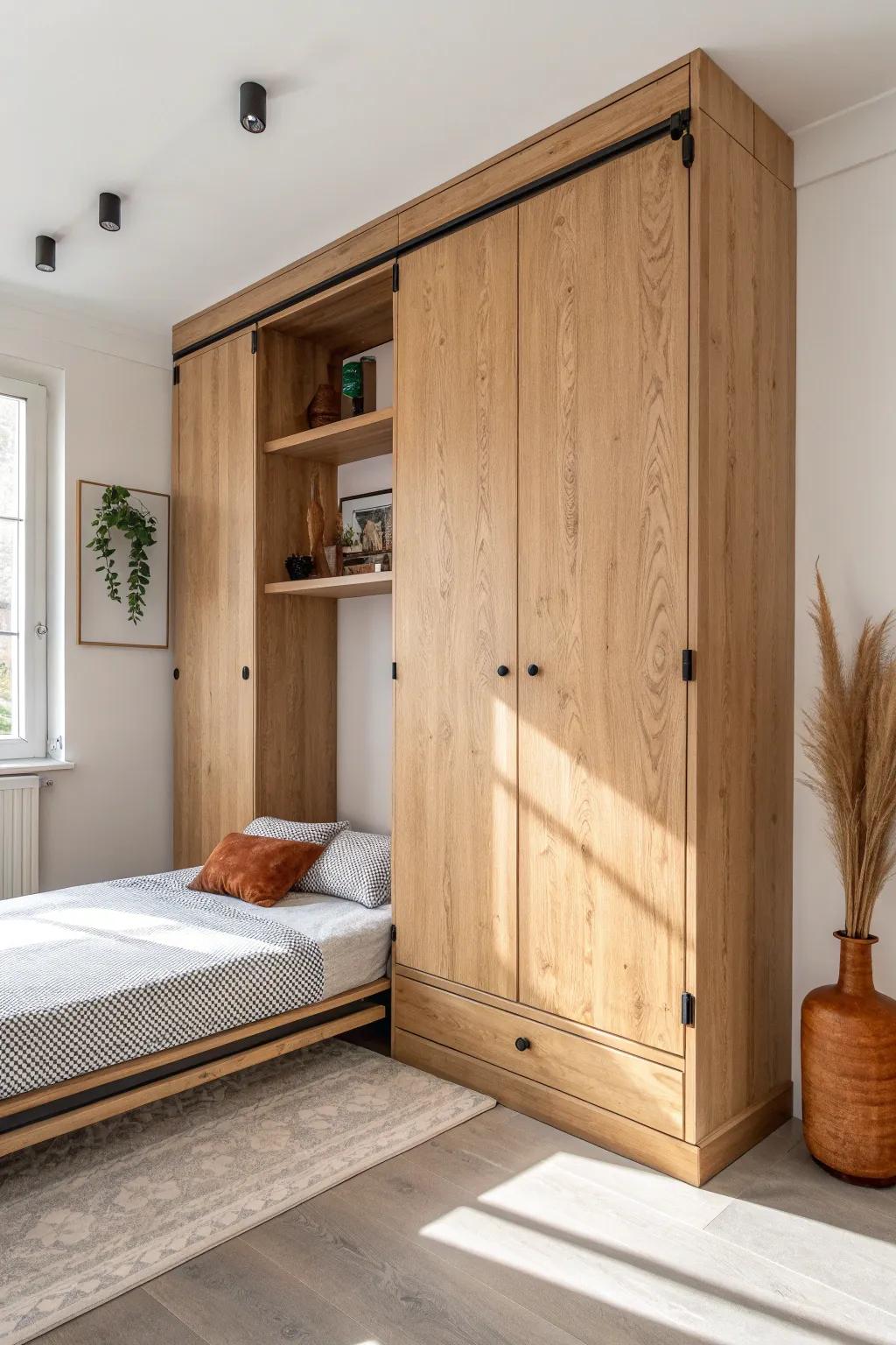 A fold-down wall bed gives tiny bedrooms daylight workspace and night-time comfort—beautifully.