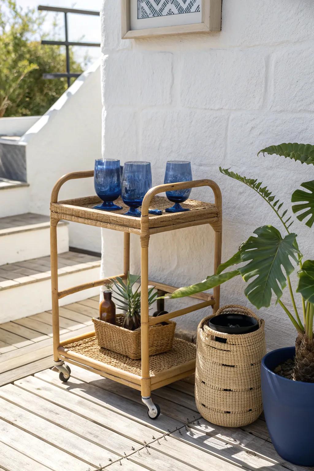 Make your micro patio feel like a hangout spot with a slim boho bar cart and color-pop glassware.