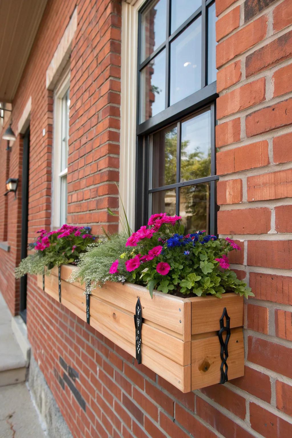 A vibrant window box on brick adds porch charm—perfect for tiny stoops, no footprint.