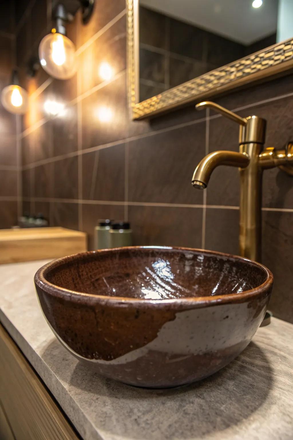 Go full chocolate—high-gloss brown + brass turns a tiny bath into a shiny jewel box.