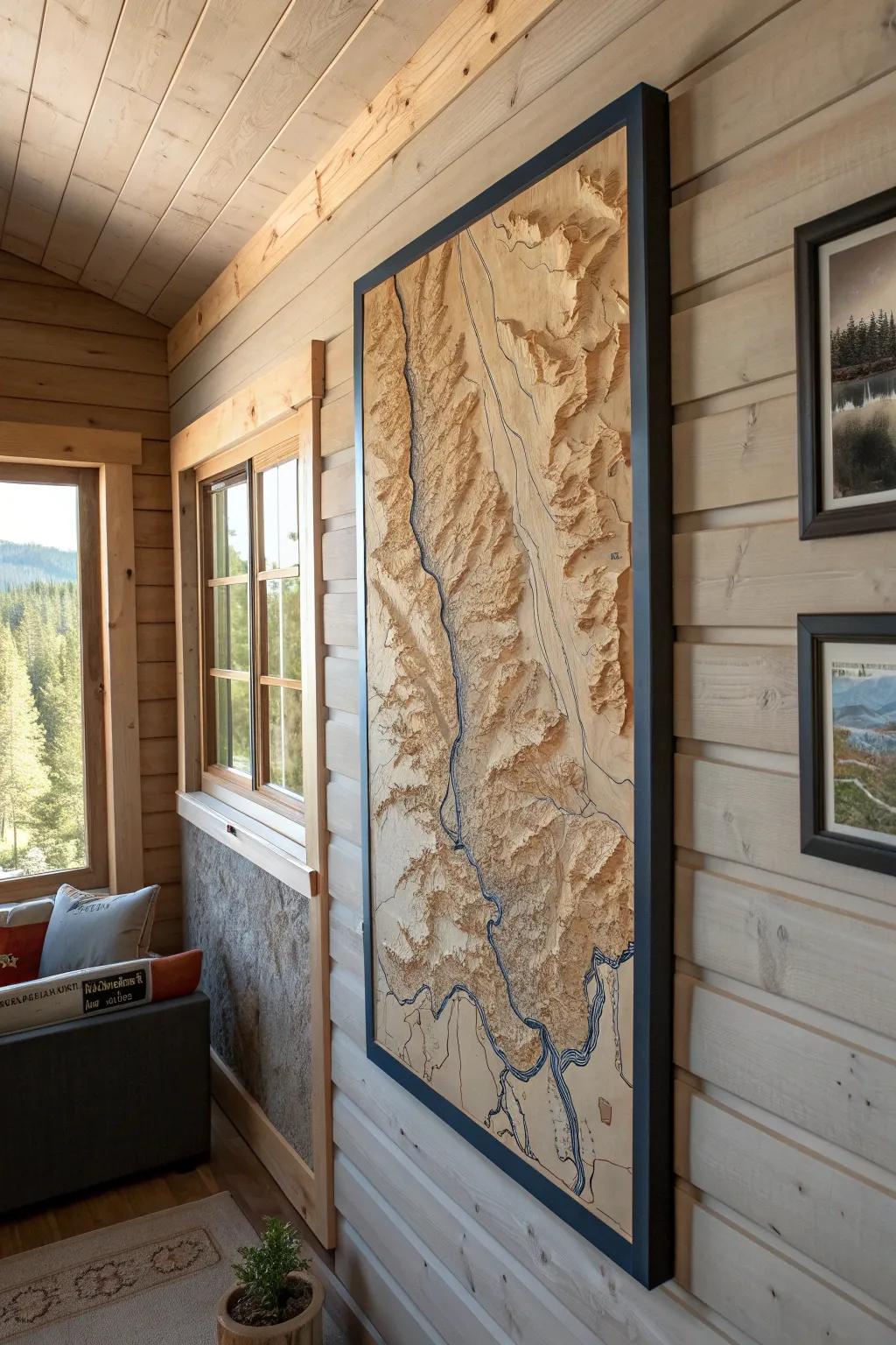 A topographic map accent wall brings calm, outdoorsy drama to small cabin spaces.