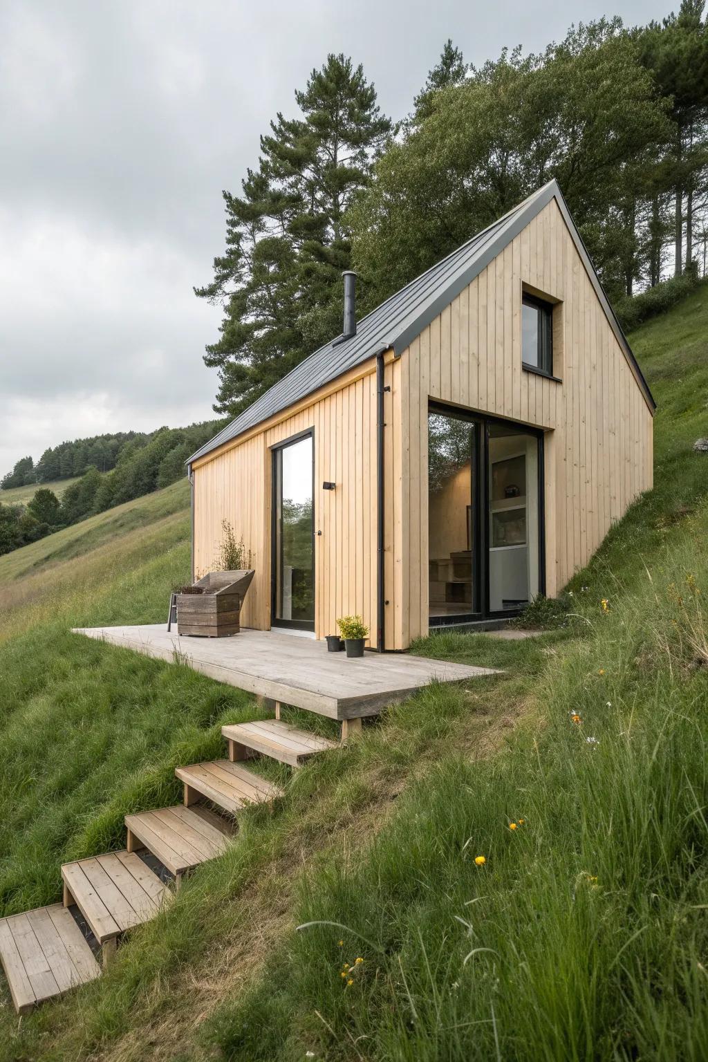 A tiny cabin tucked into the hillside—split-level serenity with a bold terracotta door.