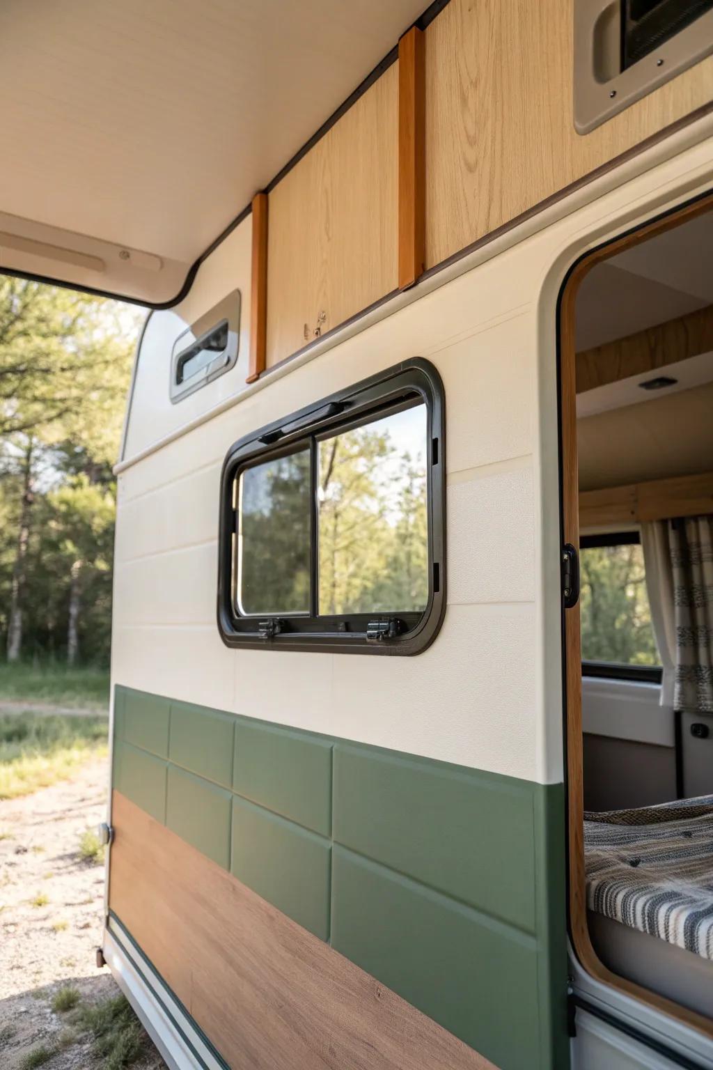 Two-tone paint draws a clean line between sleep nook and tiny kitchen—zoning without walls.