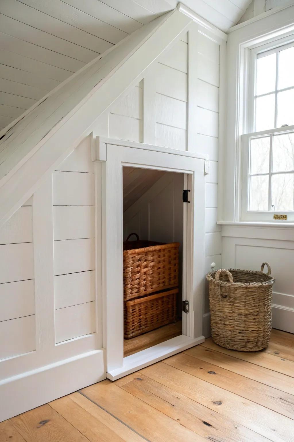 A discreet knee wall door reveals a hidden “secret closet” for Cape Cod upstairs storage.