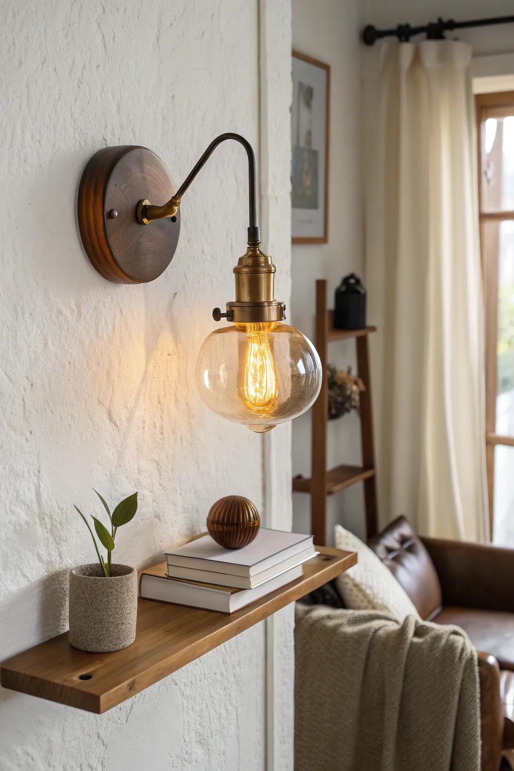 A warm brass wall sconce frees up table space—perfect lighting for a narrow cigar nook.