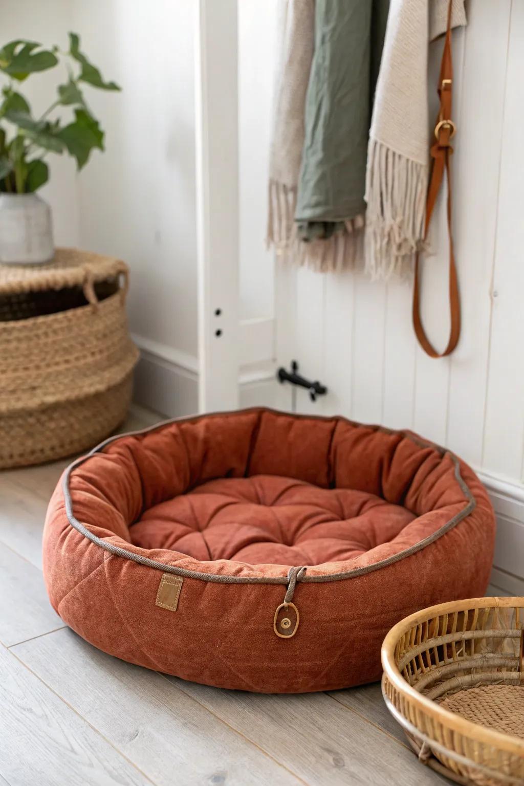 A cozy closet nook pet lounge: washable cushion, leash hook, and toy basket—neat and stylish.
