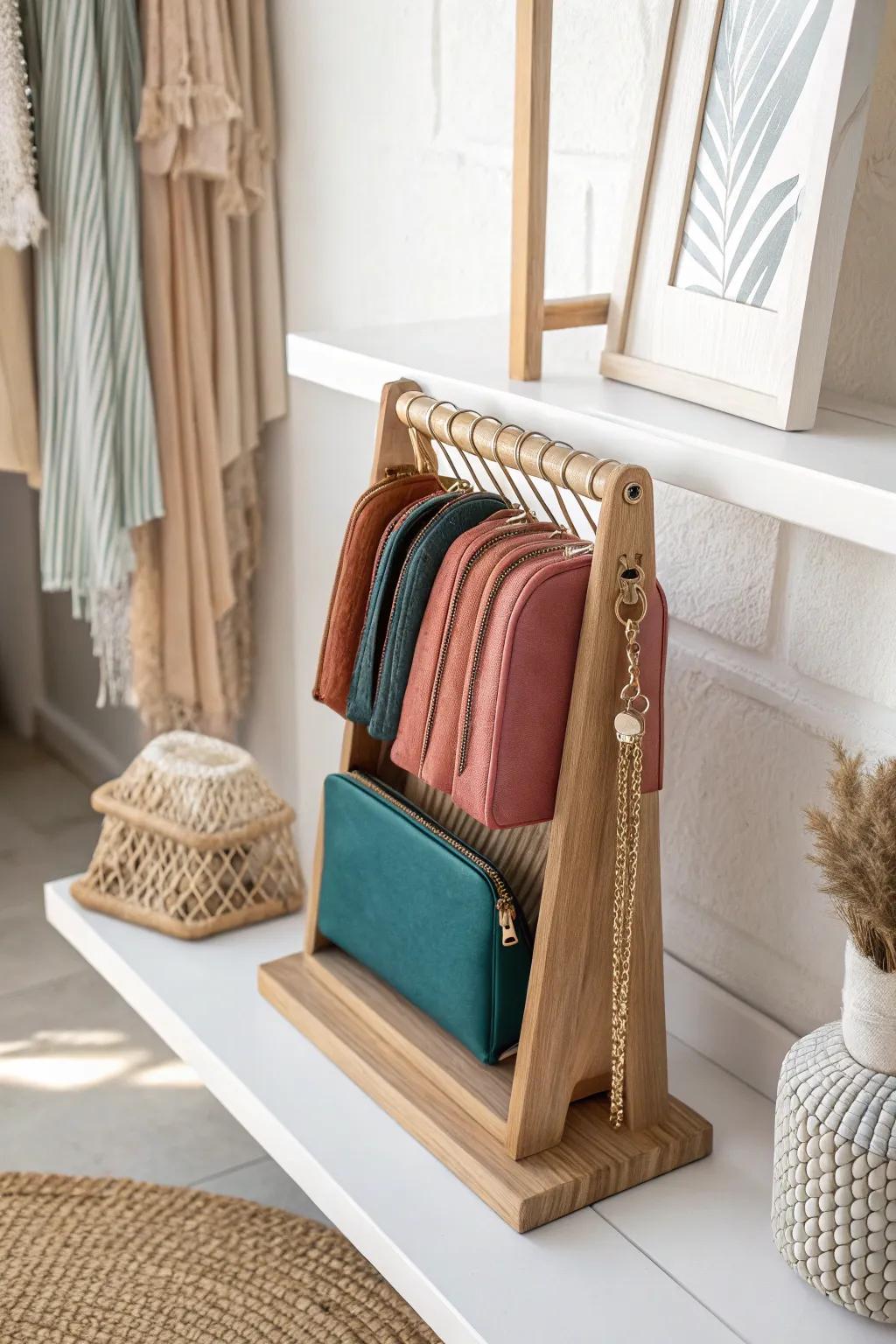 Store clutches upright like books—vertical dividers keep small bags styled and easy to grab.