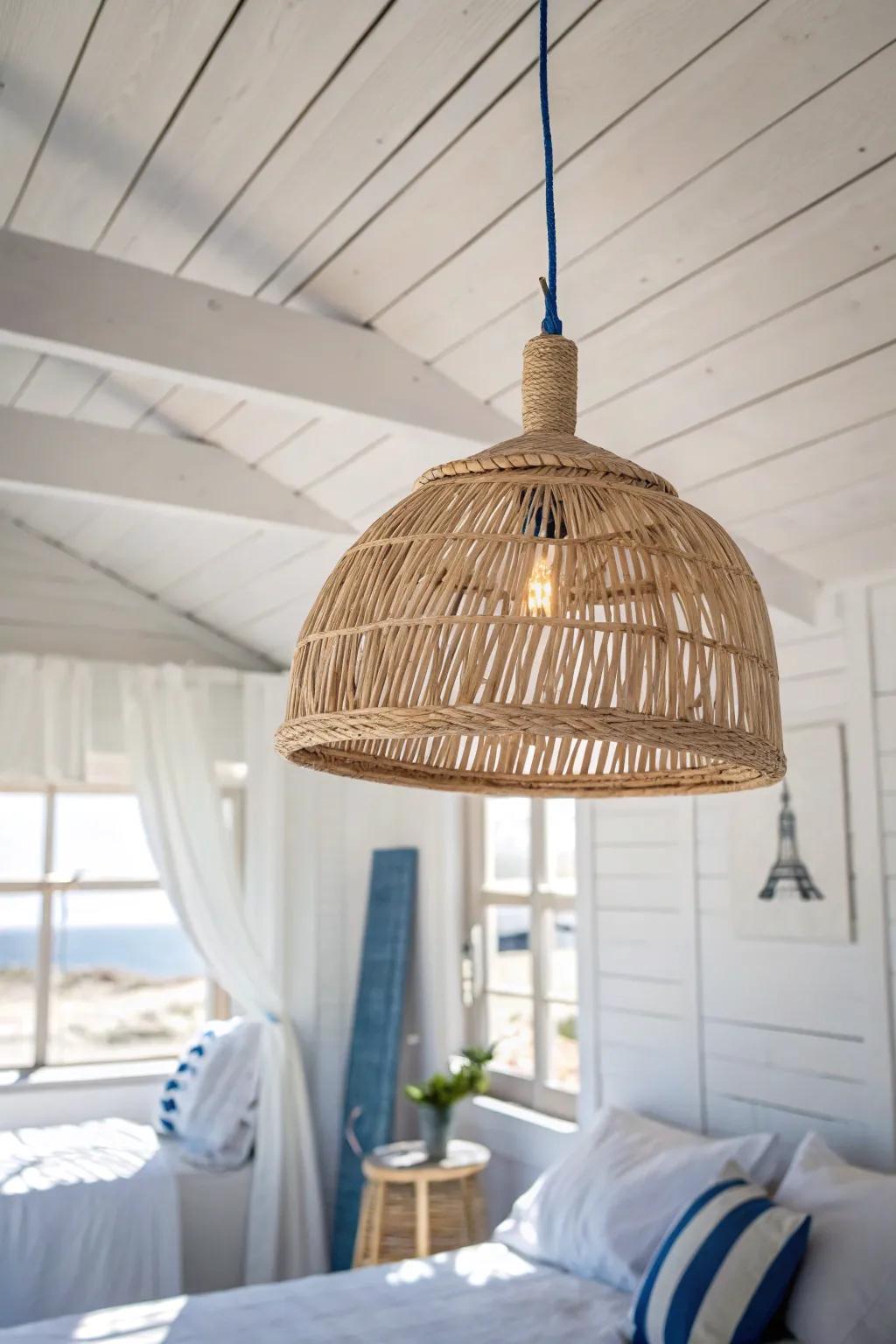 Cloud-white ceiling + woven rattan pendant—an instant lift that makes small coastal bedrooms feel taller.