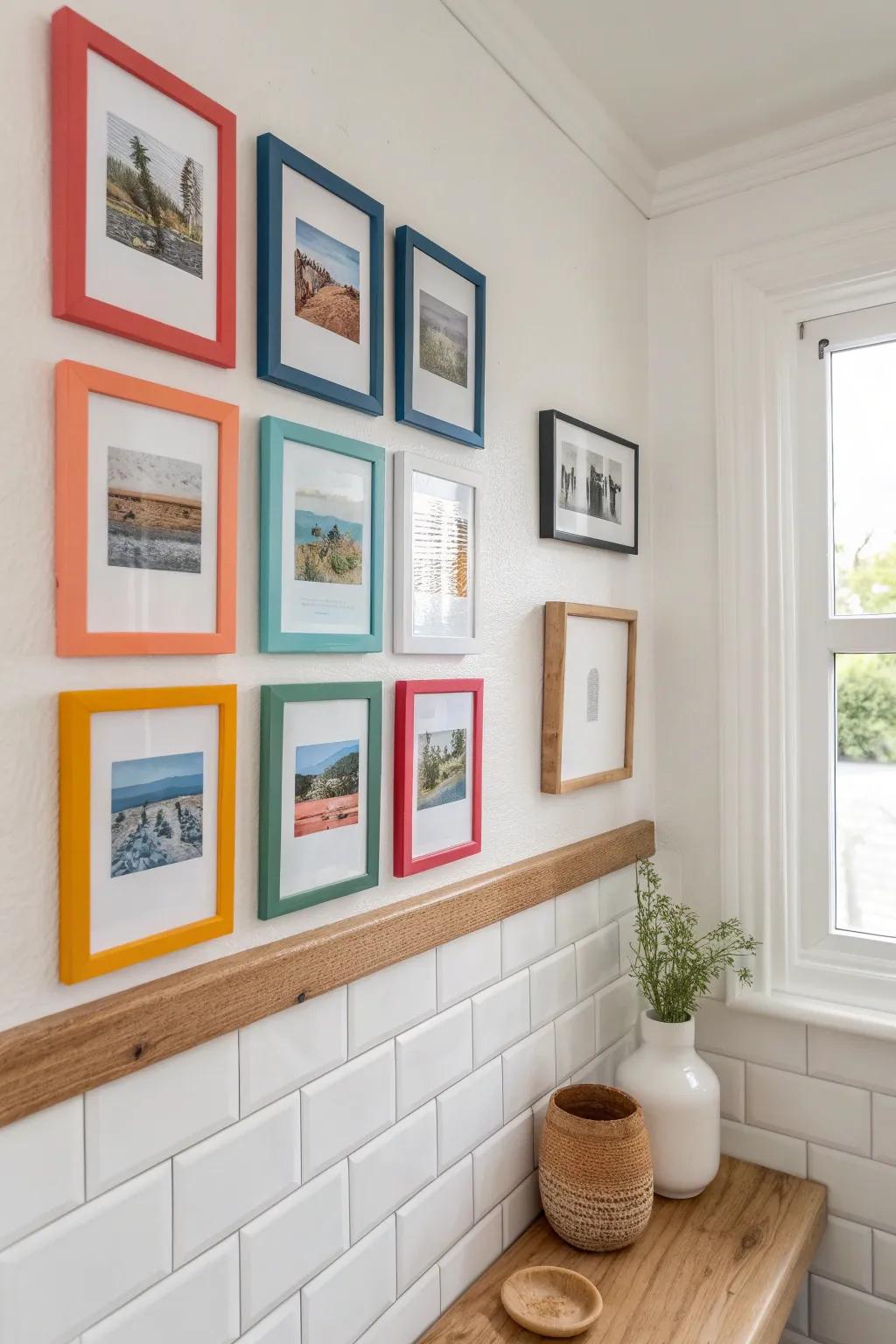 A bright-frame mini gallery wall: small art that adds big personality to a tiny bathroom.