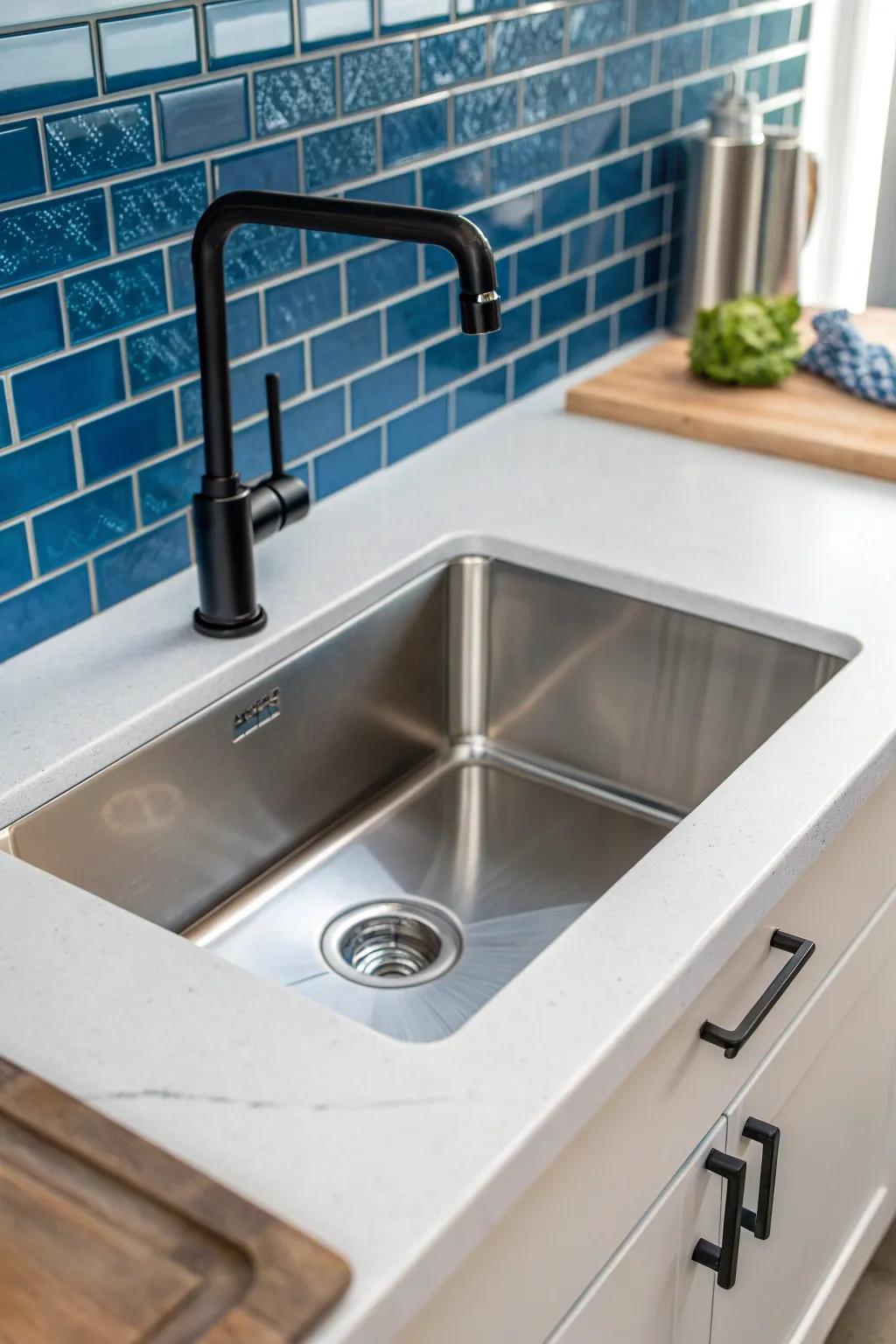 Rotate the sink sideways for a full-size basin and more prep space in a narrow condo kitchen.