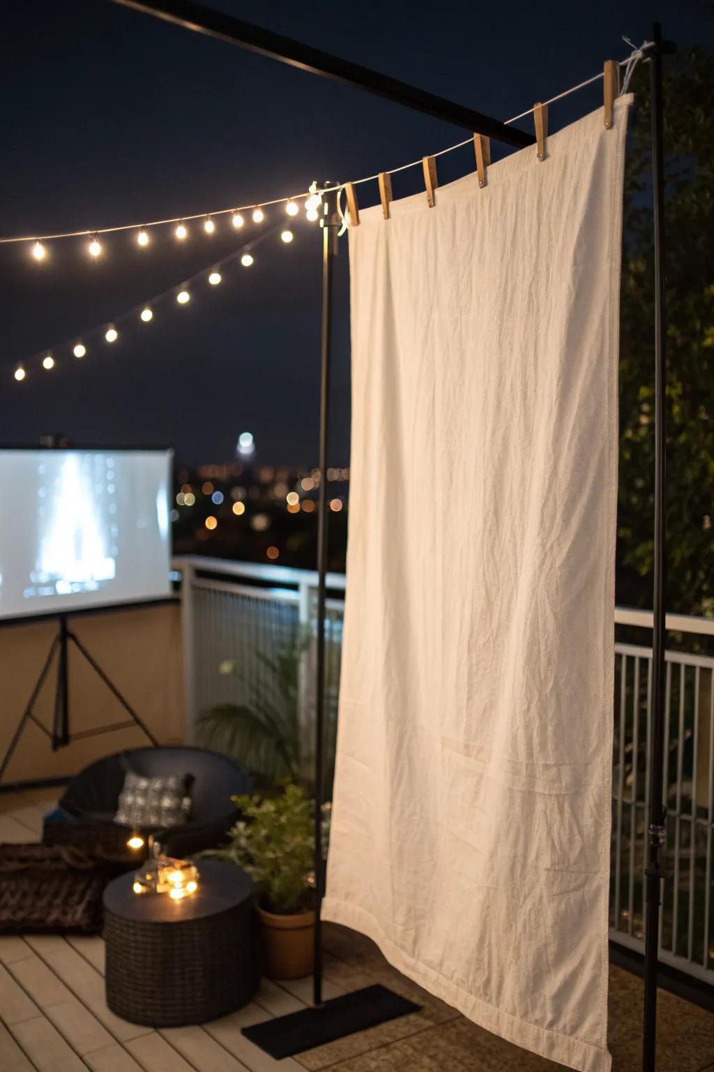 An ivory blanket wall + projector turns a small condo patio into a dreamy mini movie nook.