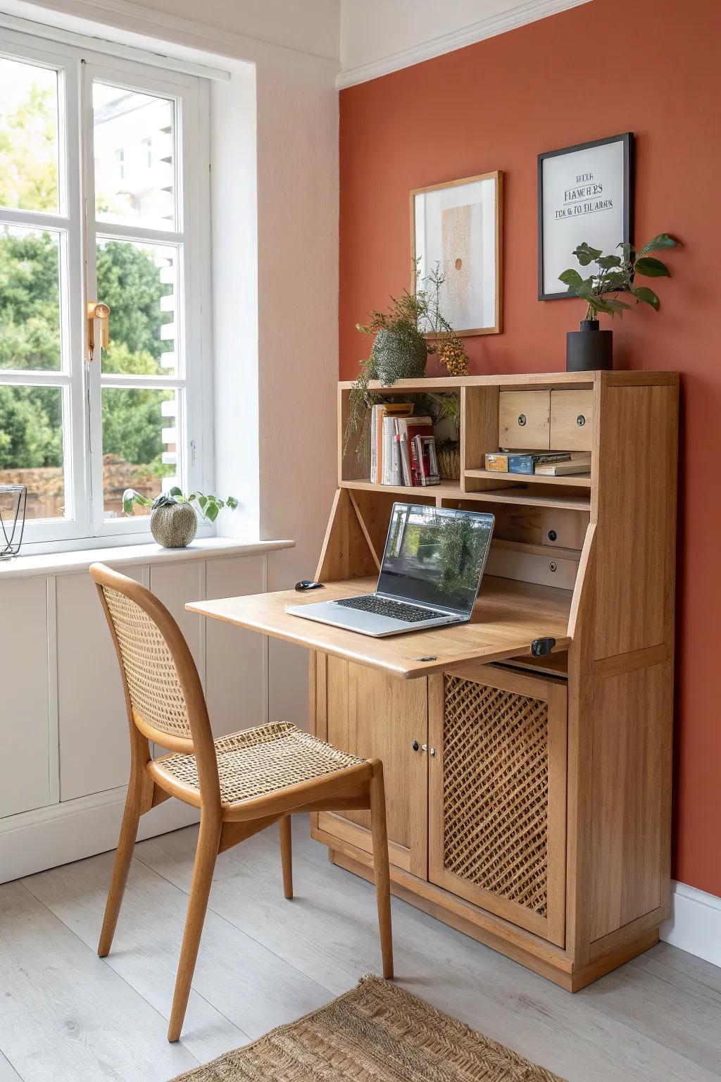 Fold-down corner desk that saves space and folds away, keeping your room open and airy.
