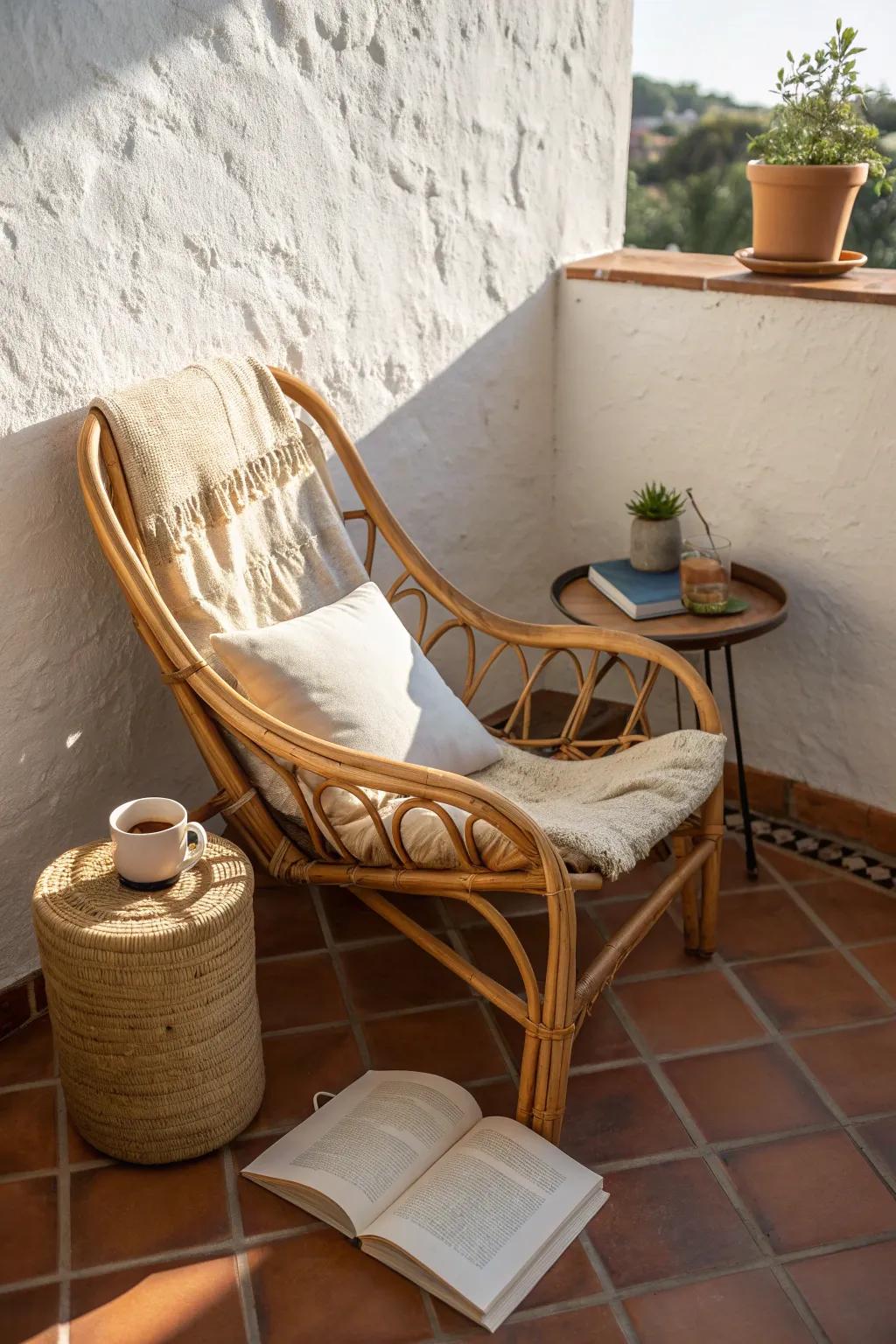 A cozy corner patio reading nook: one comfy chair, tiny table, and golden-hour calm.
