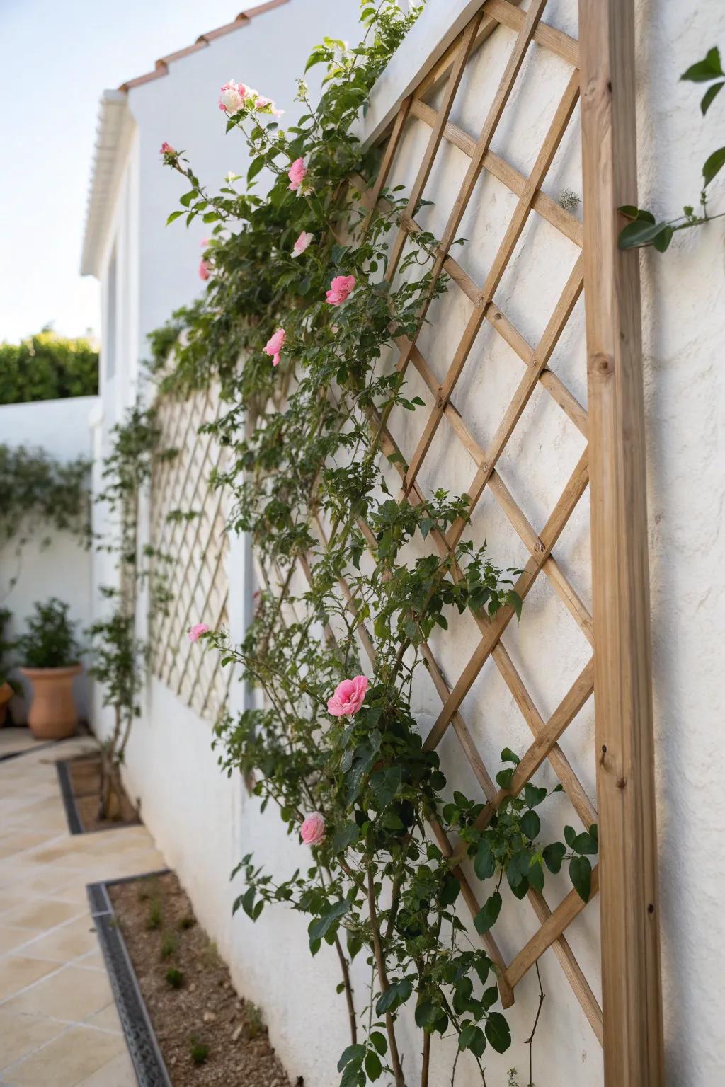 Turn a tiny courtyard into a perfume cloud—train jasmine and roses up a slim trellis wall.