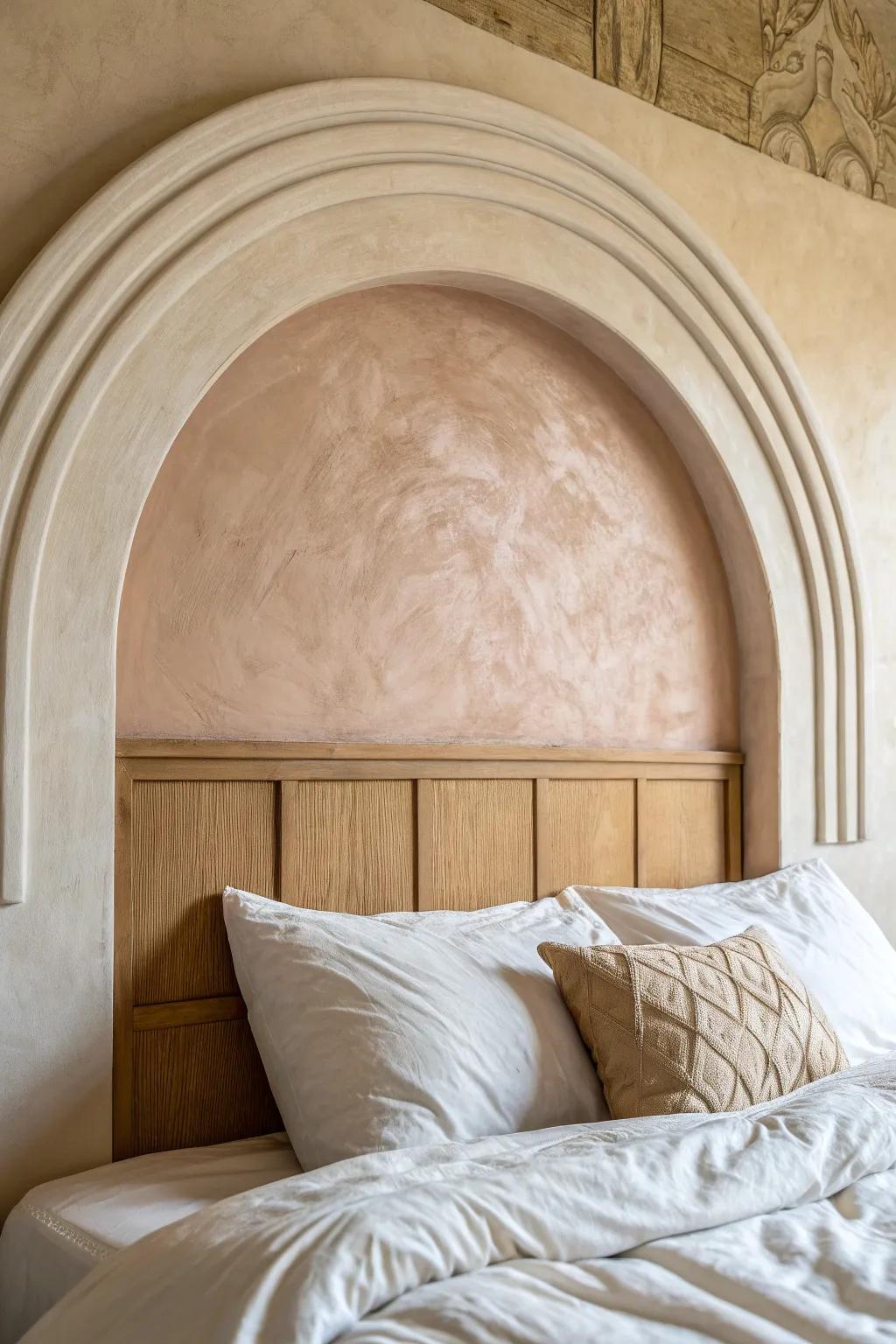 A painted neutral arch adds cozy structure behind the bed—custom look, zero bulk.