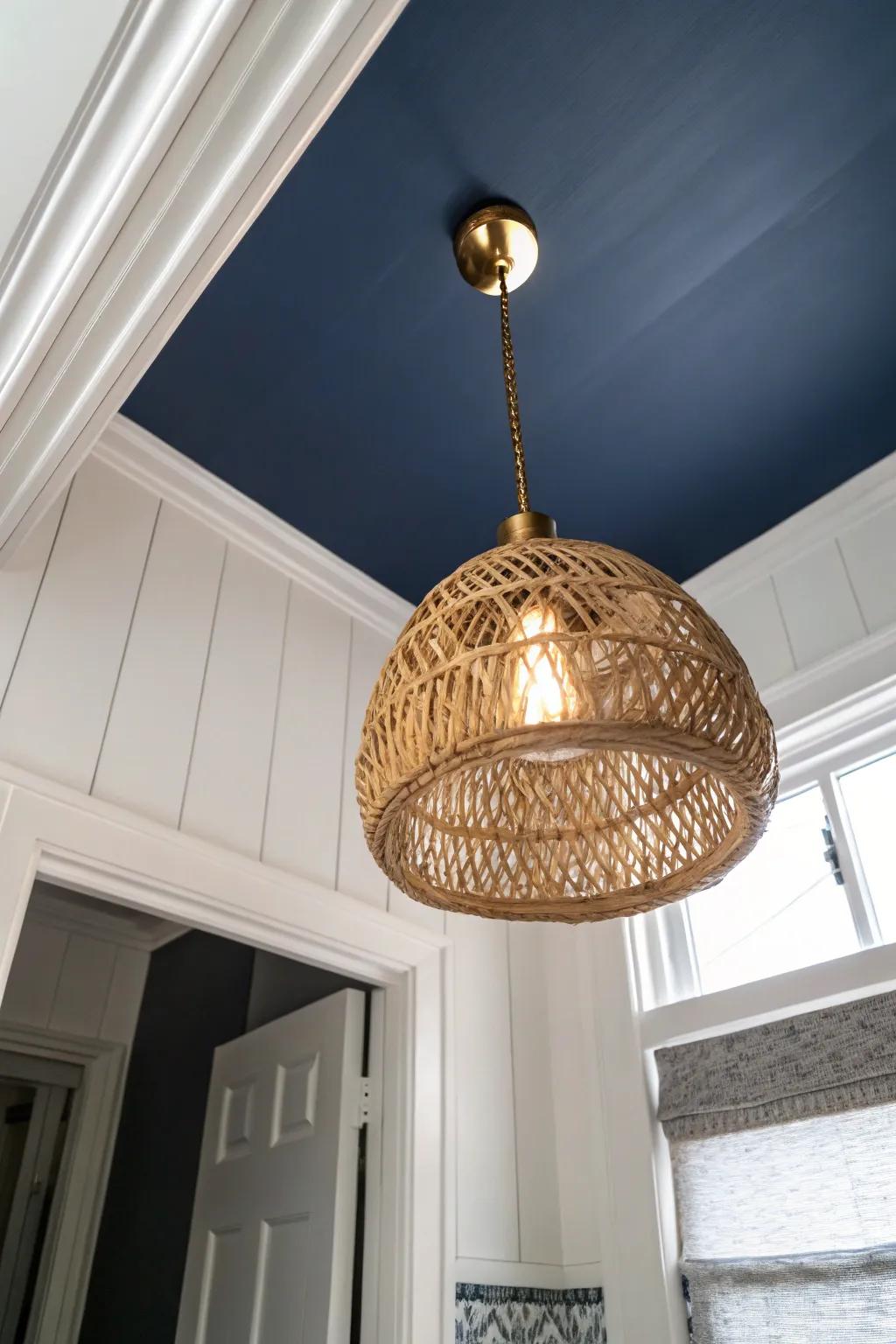 A navy ceiling + warm woven pendant turns a tiny bath into a cozy jewel-box retreat.