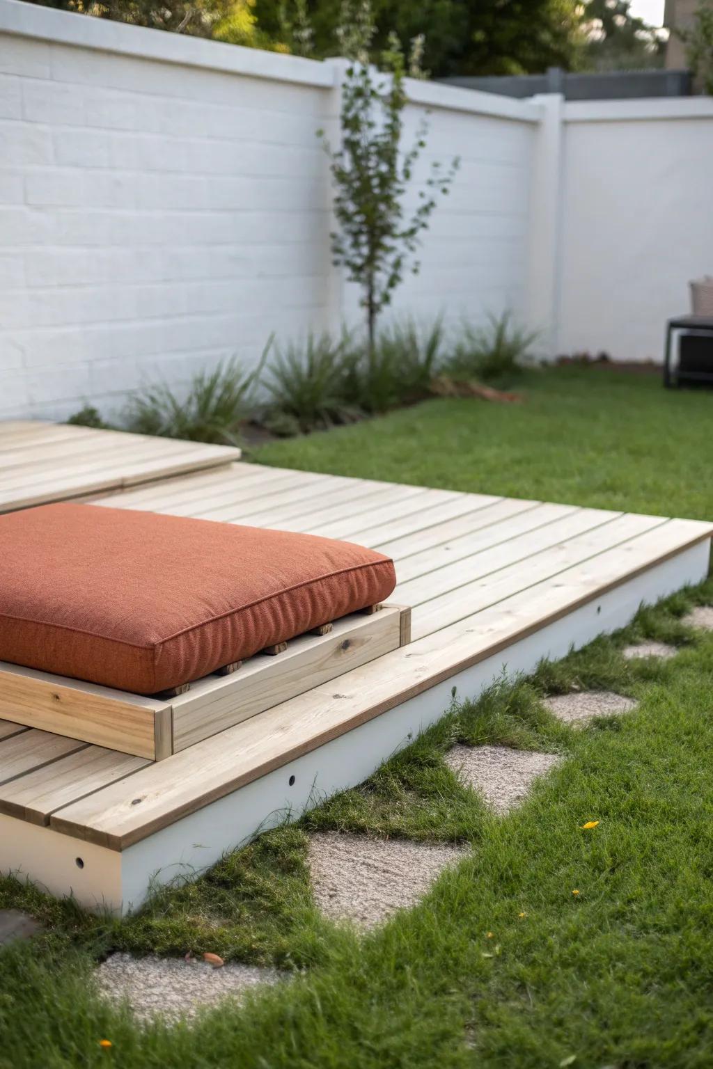Floating platform deck: clean lines, warm wood, and bold cushions for a tiny-yard destination.