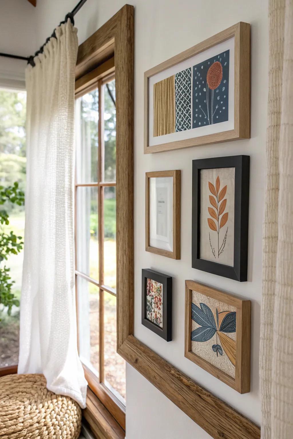 Turn an off-center dining window into a mini gallery moment with a petite frame cluster.