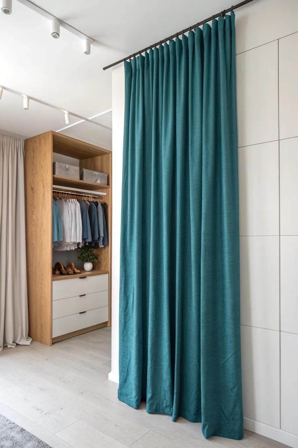 A full-height curtain on a ceiling track creates a luxe micro dressing room—no build required.