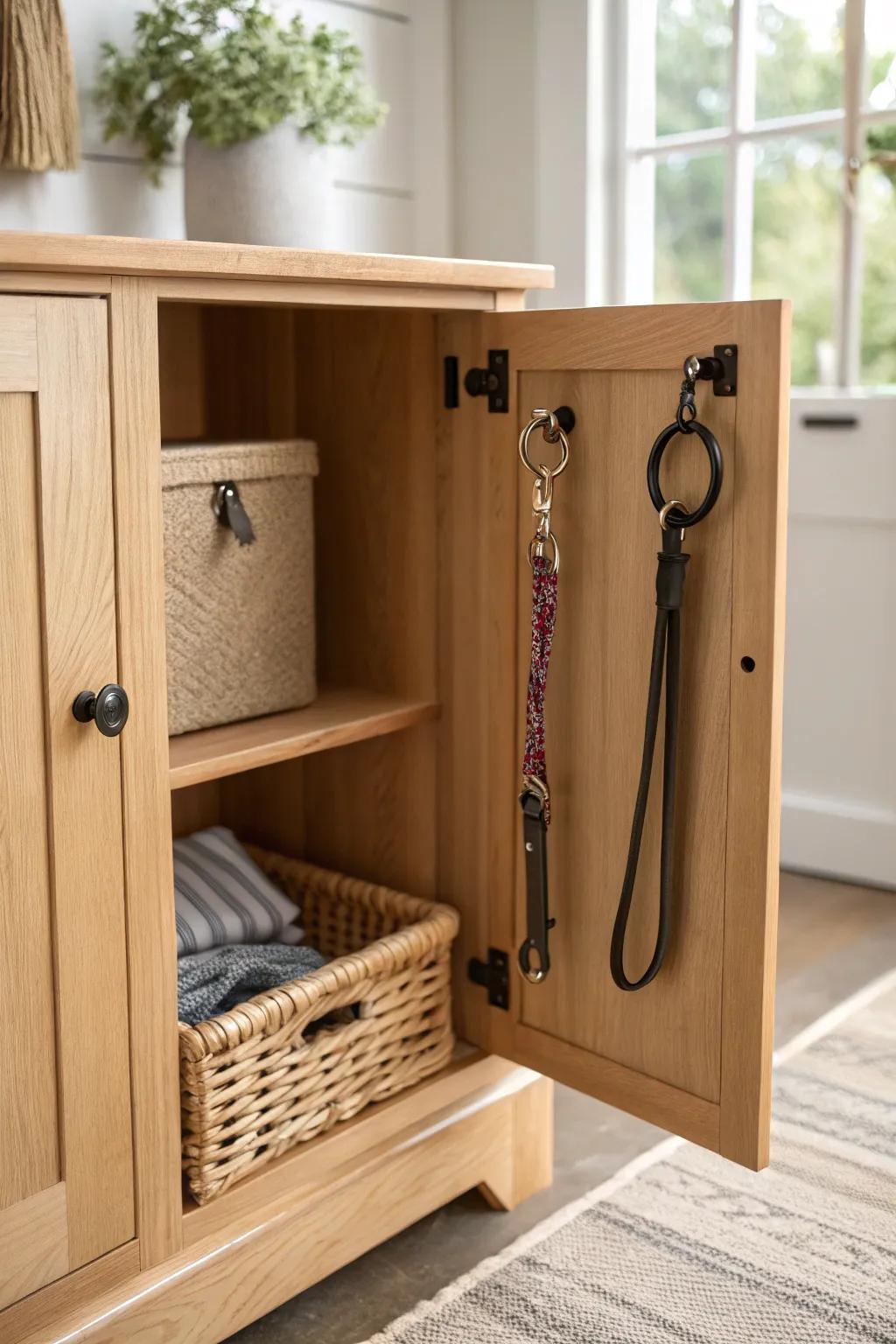 A hidden cabinet-door drop zone keeps keys and leashes handy—without visual clutter.