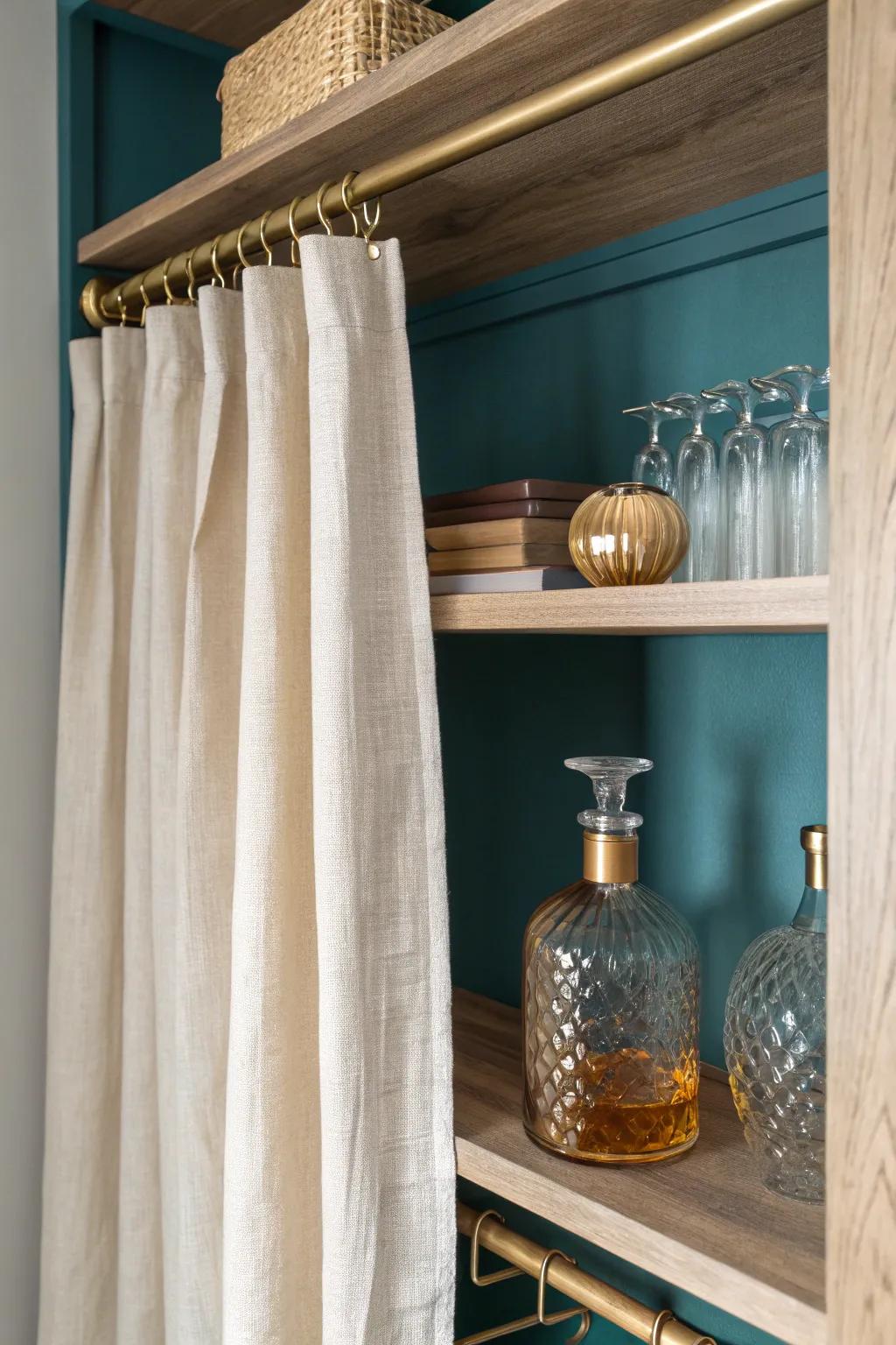 A linen-curtain closet dry bar that hides neatly—warm oak shelves and a bold teal backdrop.
