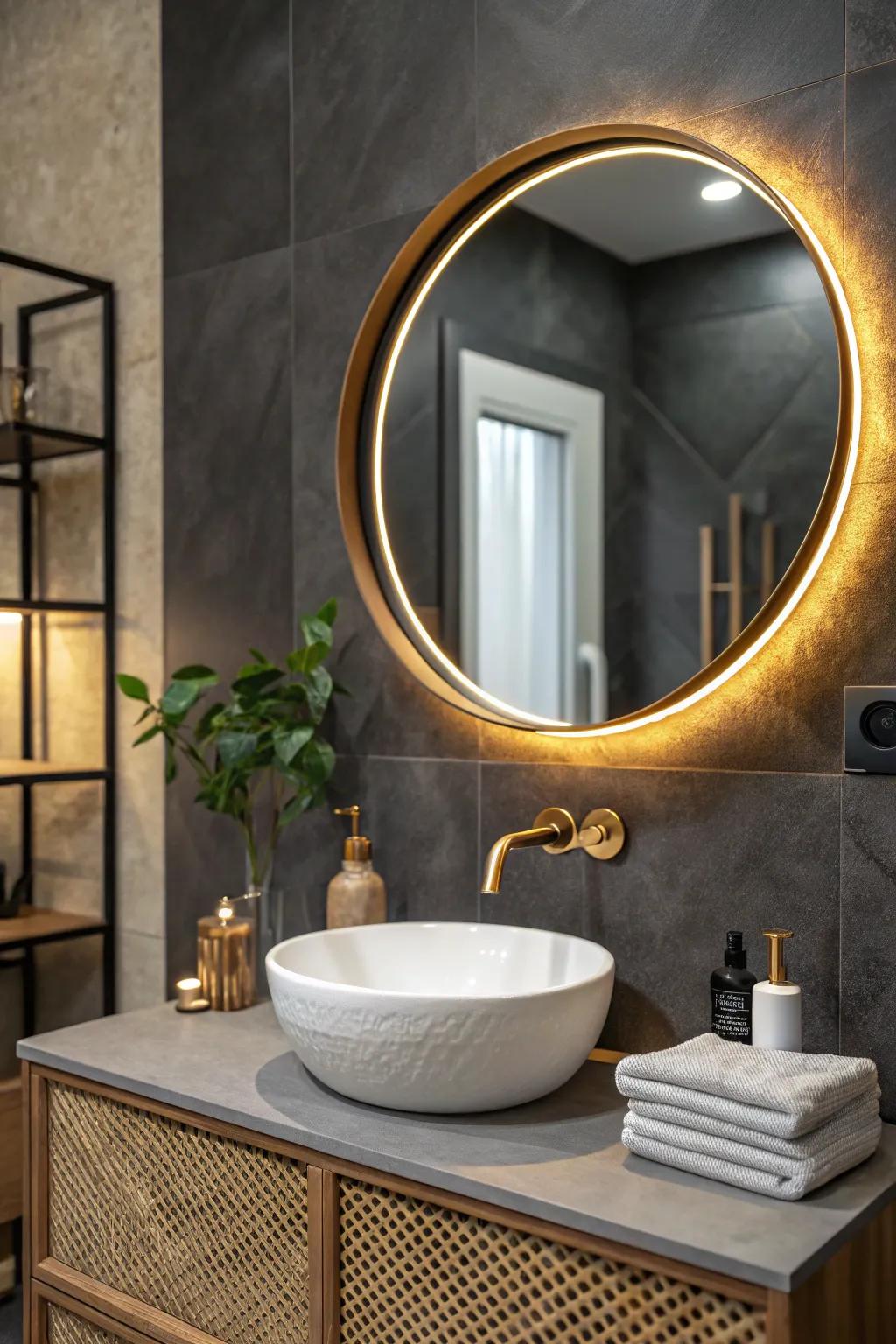 Dark, cozy en suite vibes: a glowing mirror turns deep walls into a chic jewelry box.