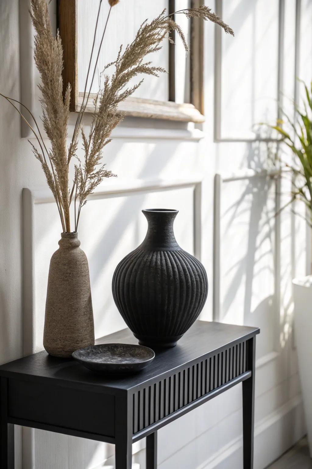 Monochrome magic: a single sculptural vase makes a tiny entry table look instantly luxe.