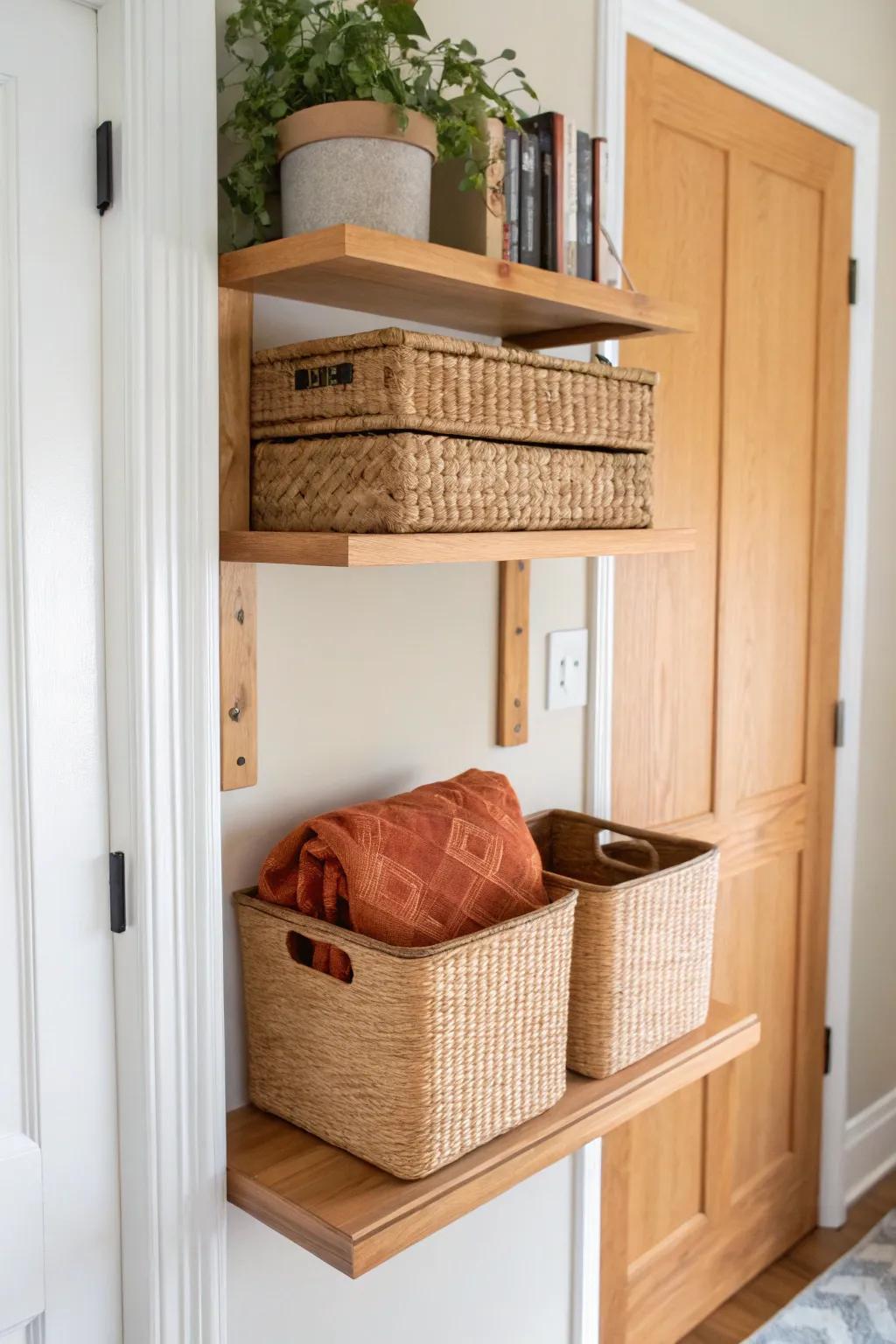 A high floating shelf over the door adds hidden storage without stealing precious floor space.