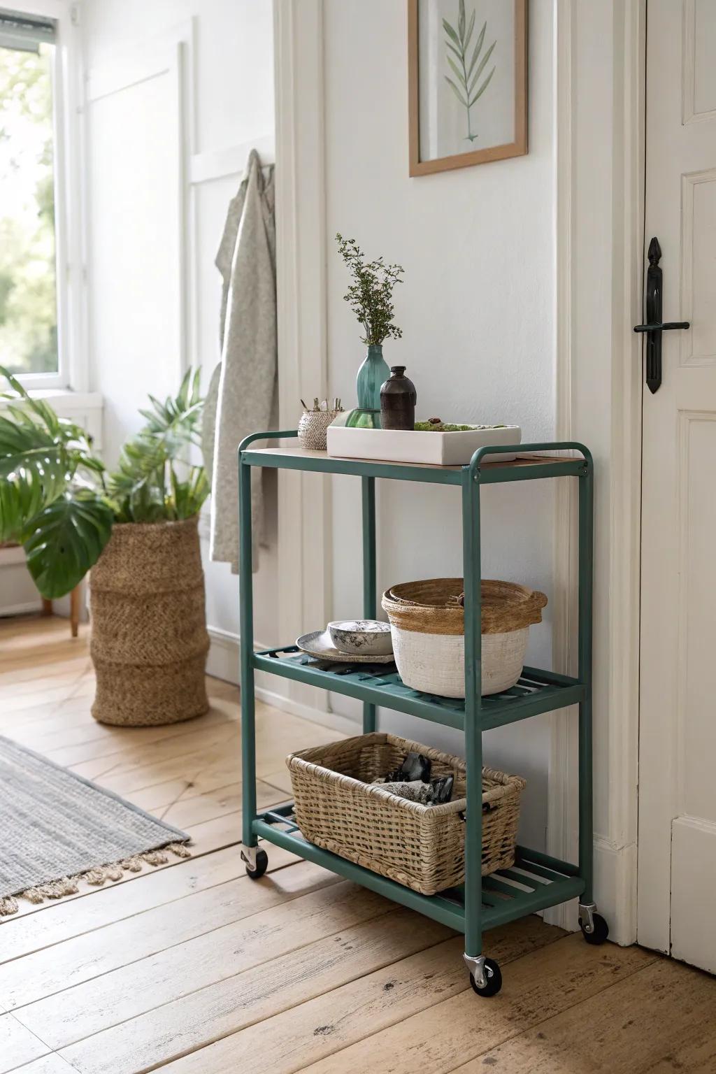 A slim rolling cart doubles as a chic entryway table—flexible, functional, and space-saving.